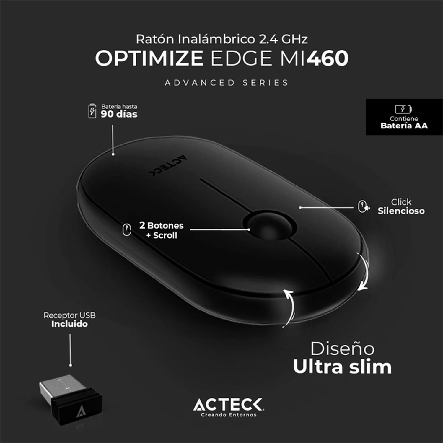 Mouse ACTECK OPTIMIZE EDGE MI460 Ultra Delgado 1600dpi 2 botones Inalambrico USB 2.4 Ghz Negro AC-934091 - Image 2