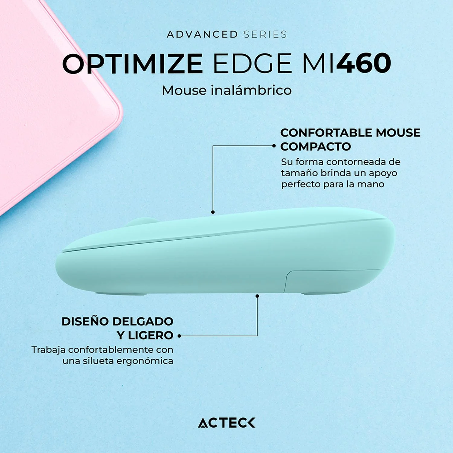 Mouse ACTECK OPTIMIZE EDGE MI460 Ultra Delgado 1600dpi 2 Botones Inalambrico USB 2.4 Ghz Tiffany AC-939904 - Image 4