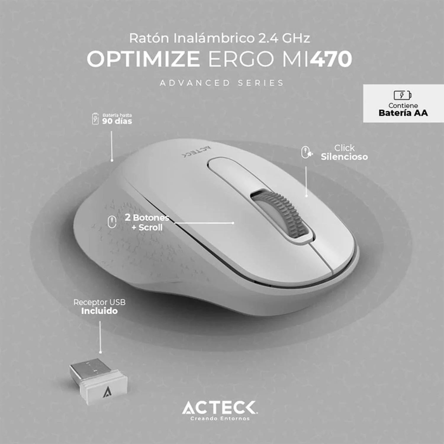 Mouse ACTECK OPTIMIZE ERGO MI470 1600dpi 2 botones Inalambrico USB 2.4 Ghz Blanco AC-934152 - Image 2
