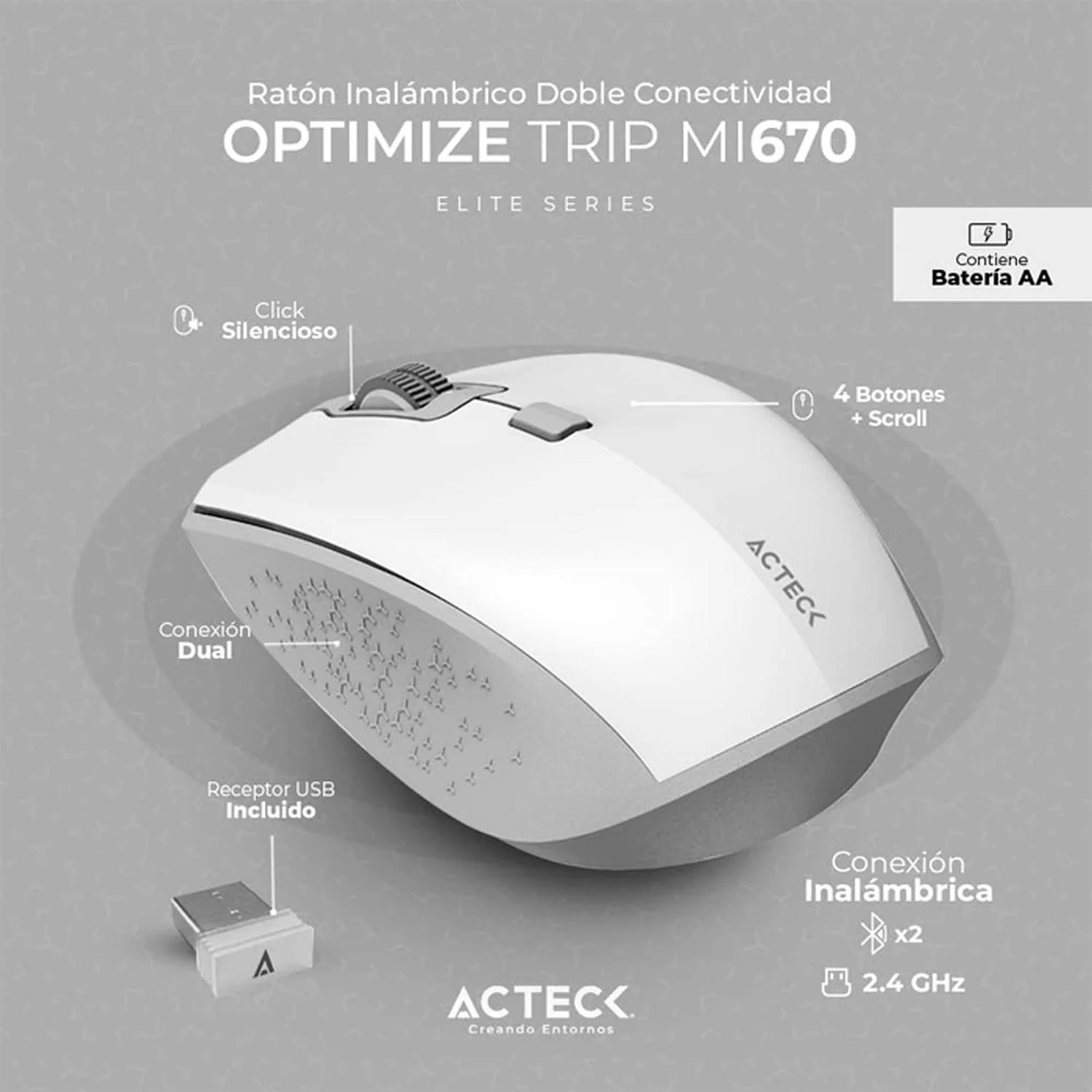 Mouse ACTECK OPTIMIZE TRIP MI670 1600dpi 4 botones Inalambrico USB 2.4 Ghz Blanco AC-934138 - Image 2