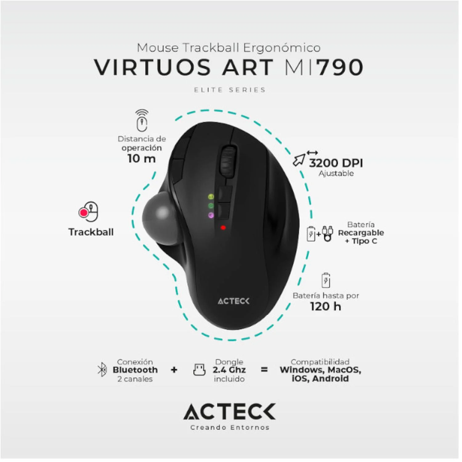 Mouse Ergonomico ACTECK VIRTUOS ART MI790 1600dpi Inalambrico 8 botones Negro AC-936309 - Image 2