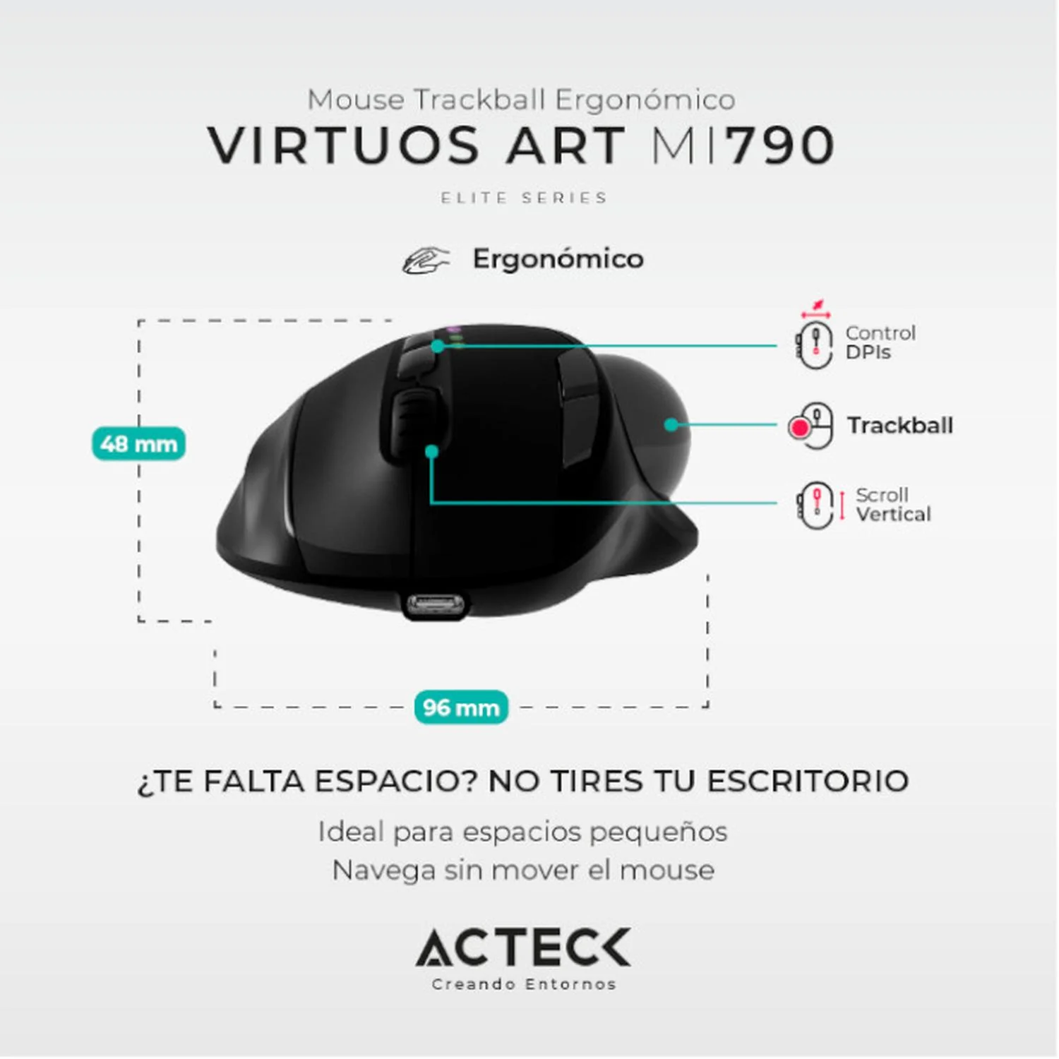 Mouse Ergonomico ACTECK VIRTUOS ART MI790 1600dpi Inalambrico 8 botones Negro AC-936309 - Image 3