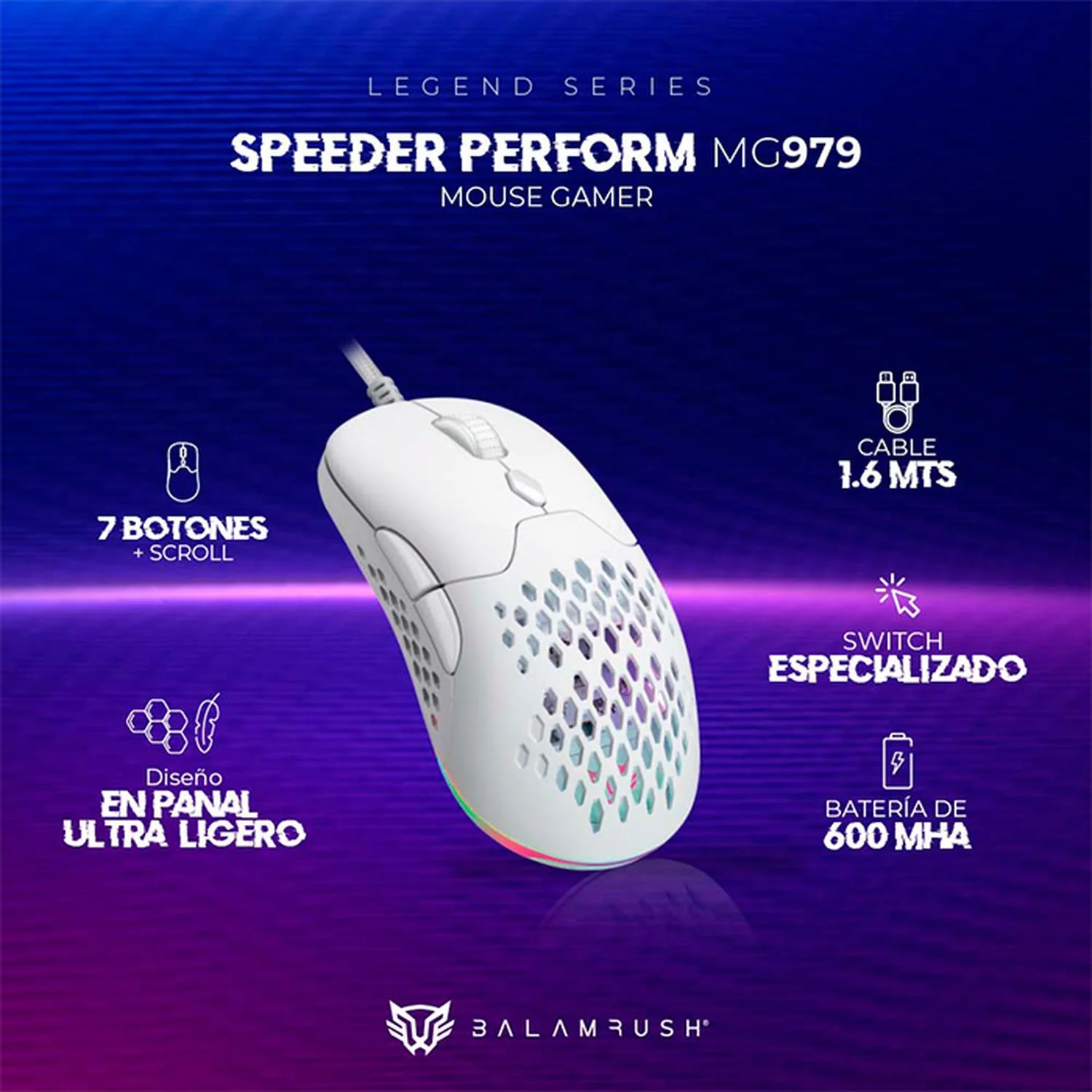 Mouse Gamer BALAM RUSH SPEEDER PERFORM MG979 10000dpi Inalambrico Blanco BR-936859 - Image 4