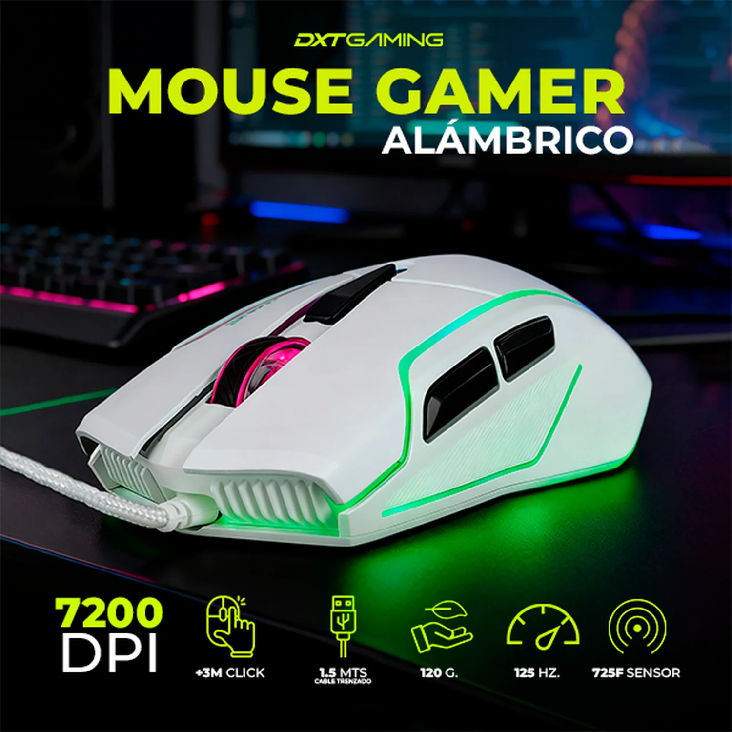 Mouse Gaming DXT GAMING Grip RGB 7200 DPI Sensor Optico 6 Botones Programables 13 Modos de Retroiluminacion Alambrico USB Blanco MGDXT046WT - Image 3