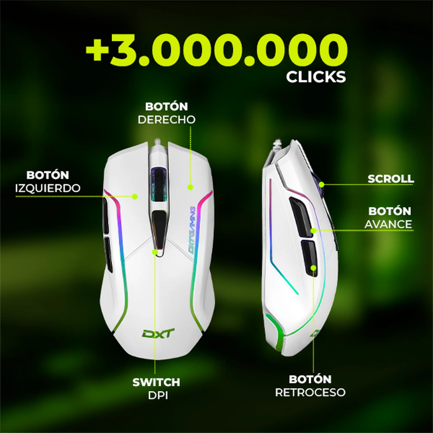 Mouse Gaming DXT GAMING Grip RGB 7200 DPI Sensor Optico 6 Botones Programables 13 Modos de Retroiluminacion Alambrico USB Blanco MGDXT046WT - Image 4
