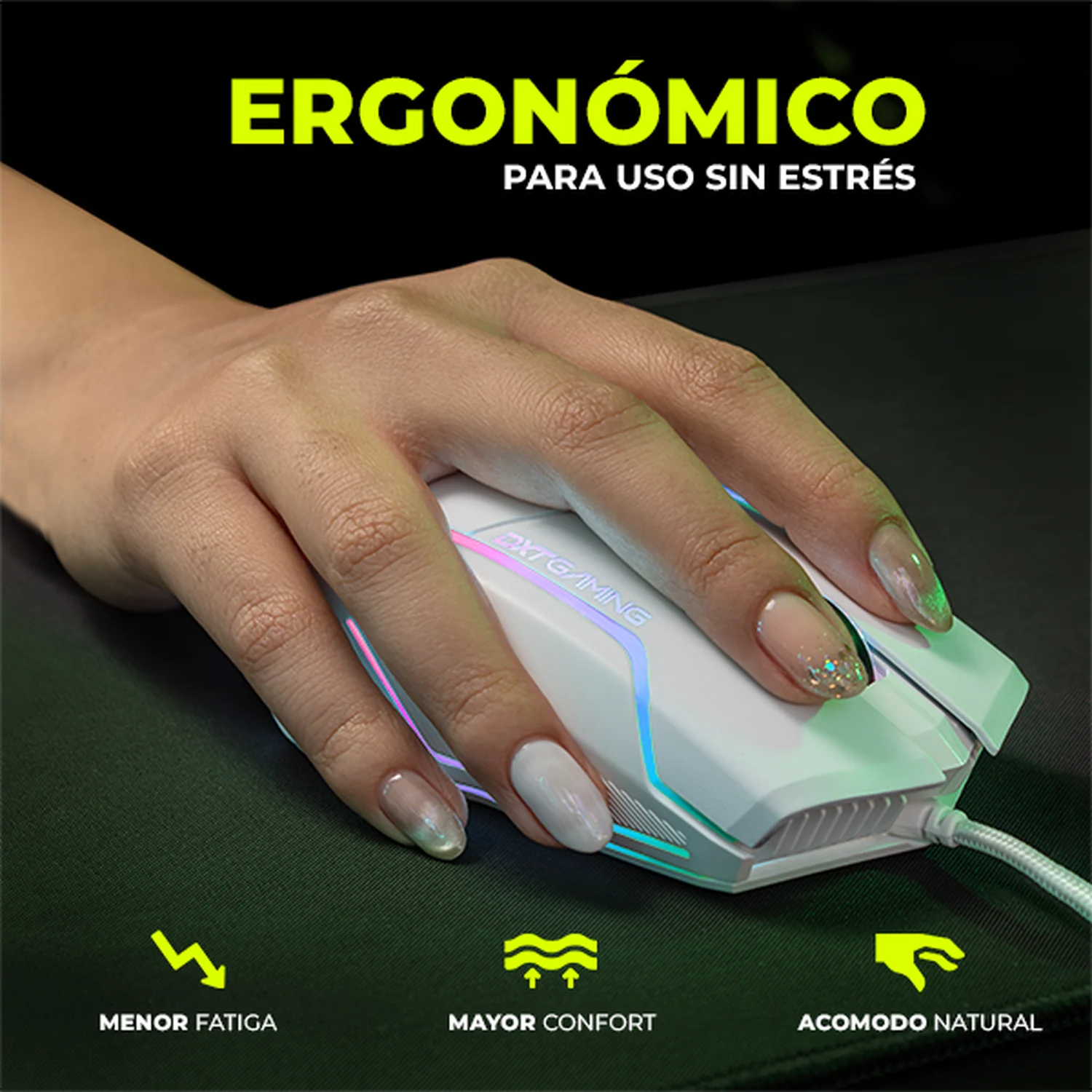 Mouse Gaming DXT GAMING Grip RGB 7200 DPI Sensor Optico 6 Botones Programables 13 Modos de Retroiluminacion Alambrico USB Blanco MGDXT046WT - Image 5