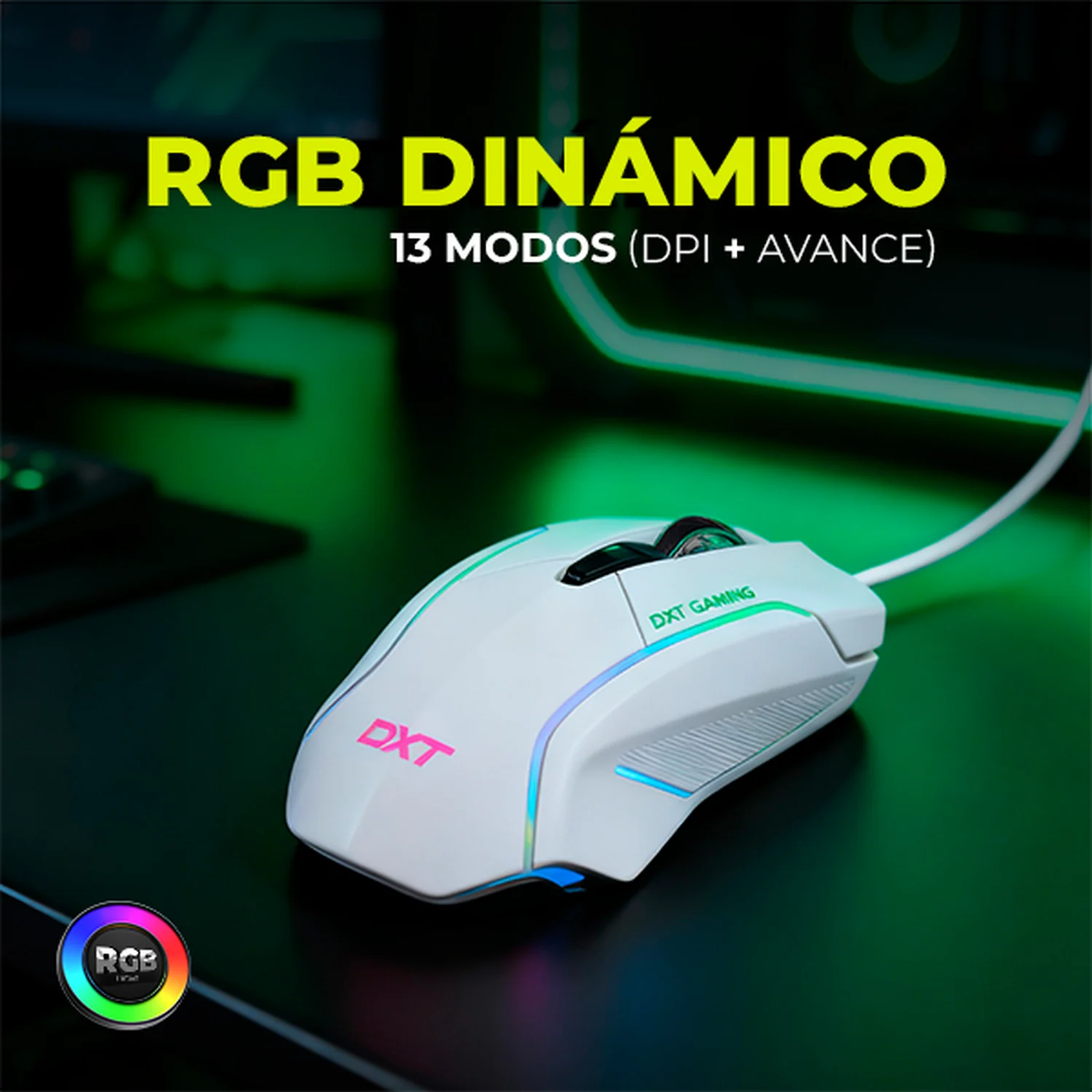 Mouse Gaming DXT GAMING Grip RGB 7200 DPI Sensor Optico 6 Botones Programables 13 Modos de Retroiluminacion Alambrico USB Blanco MGDXT046WT - Image 6