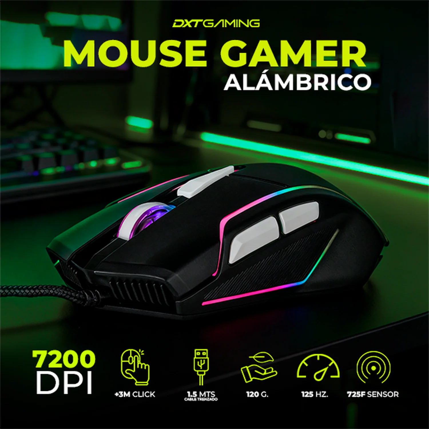 Mouse Gaming DXT GAMING Grip RGB 7200 DPI Sensor Optico 6 Botones Programables 13 Modos de Retroiluminacion Alambrico USB Negro MGDXT046BK - Image 3