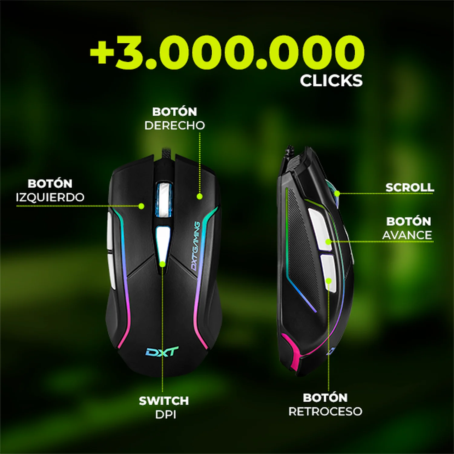 Mouse Gaming DXT GAMING Grip RGB 7200 DPI Sensor Optico 6 Botones Programables 13 Modos de Retroiluminacion Alambrico USB Negro MGDXT046BK - Image 4