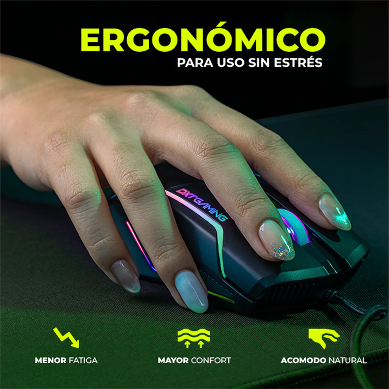 Mouse Gaming DXT GAMING Grip RGB 7200 DPI Sensor Optico 6 Botones Programables 13 Modos de Retroiluminacion Alambrico USB Negro MGDXT046BK - Image 5
