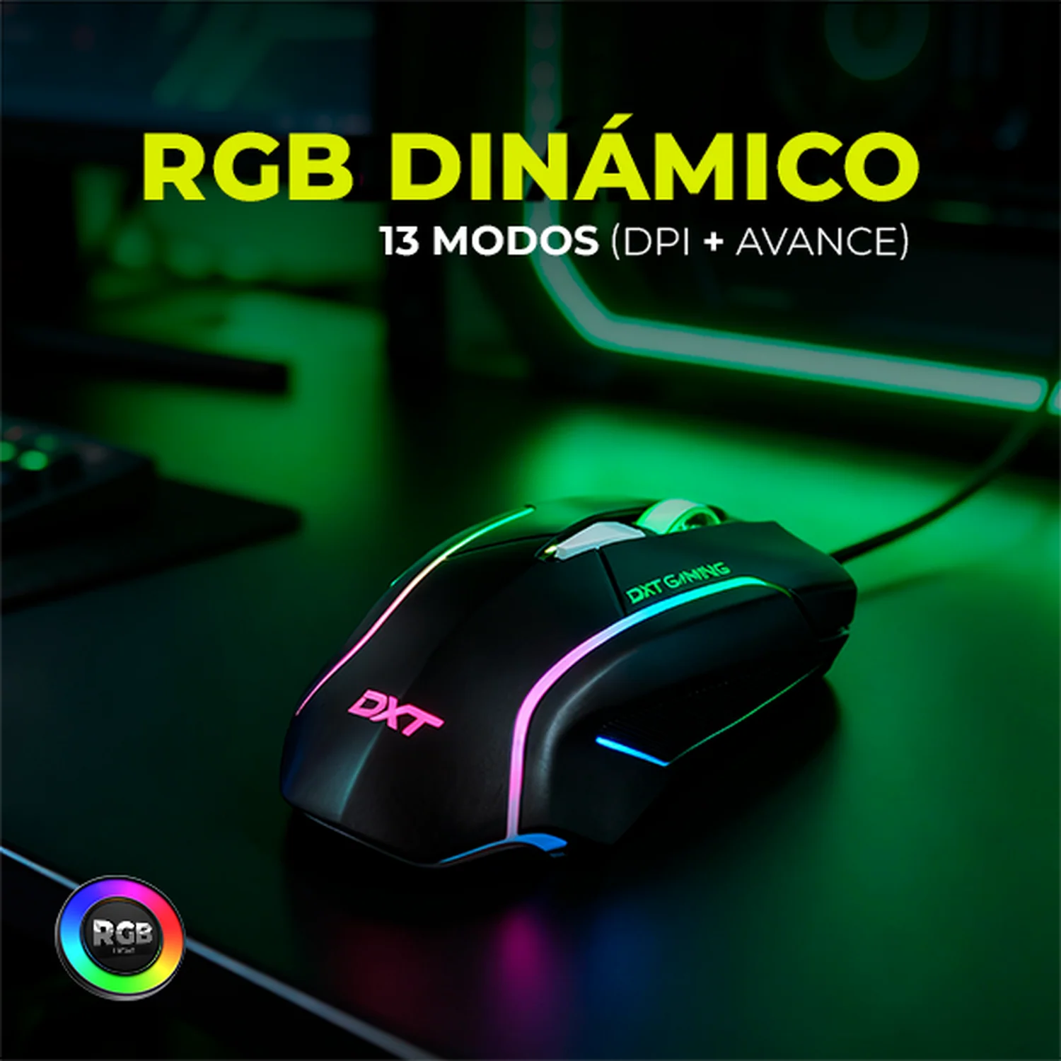 Mouse Gaming DXT GAMING Grip RGB 7200 DPI Sensor Optico 6 Botones Programables 13 Modos de Retroiluminacion Alambrico USB Negro MGDXT046BK - Image 6