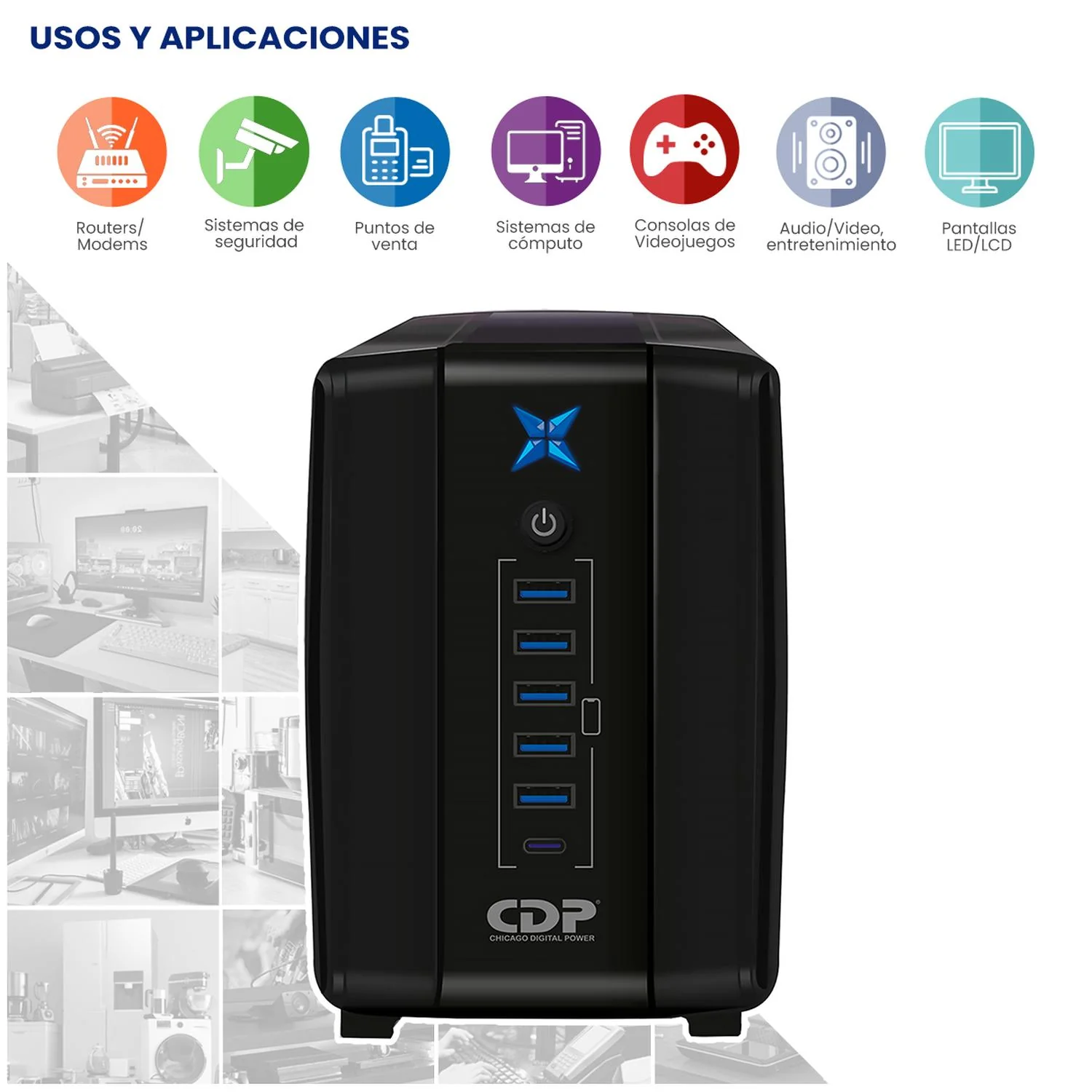 No Break CDP R-UPR1008 1000VA/500W Respaldo 10-30min AVR Supresor de Picos 8 Salidas 6 USB - Image 3