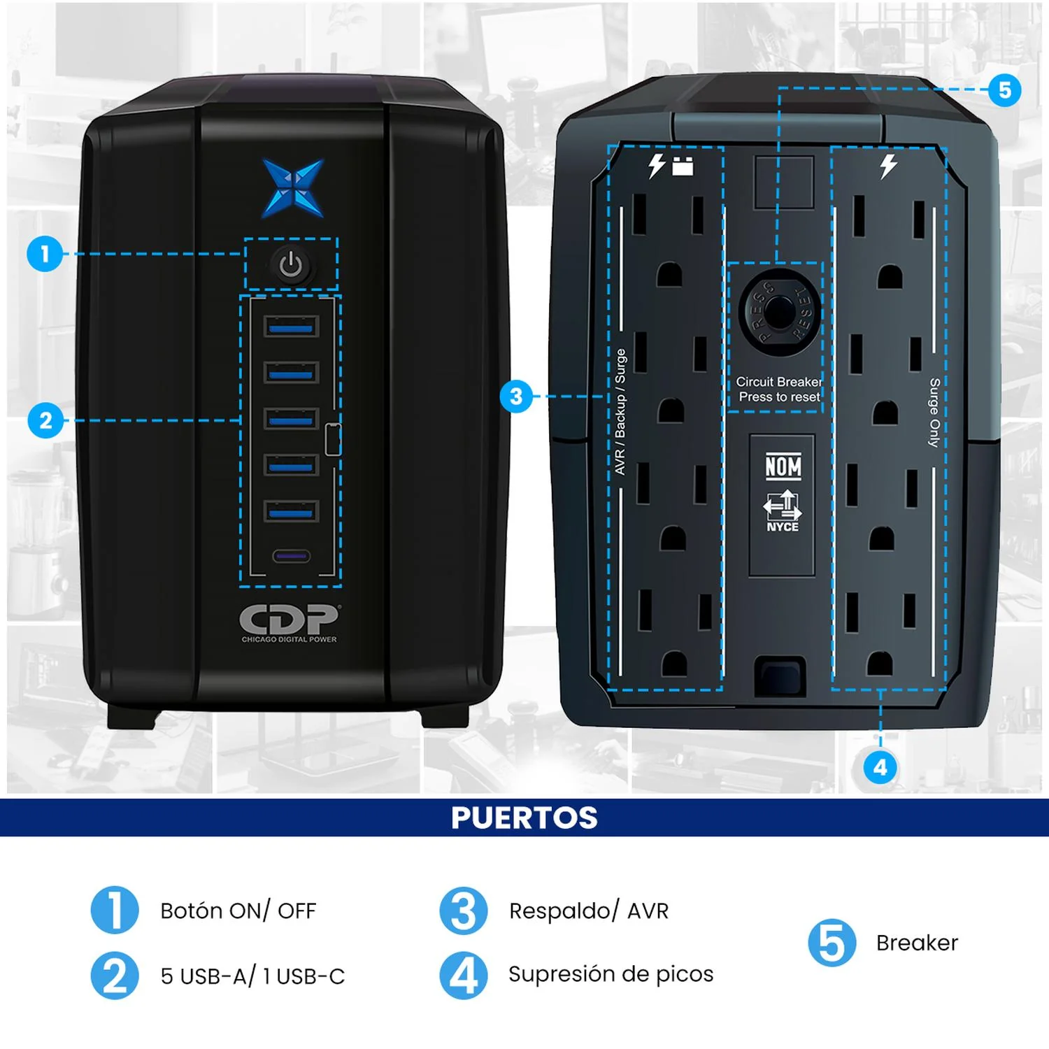 No Break CDP R-UPR1008 1000VA/500W Respaldo 10-30min AVR Supresor de Picos 8 Salidas 6 USB - Image 4