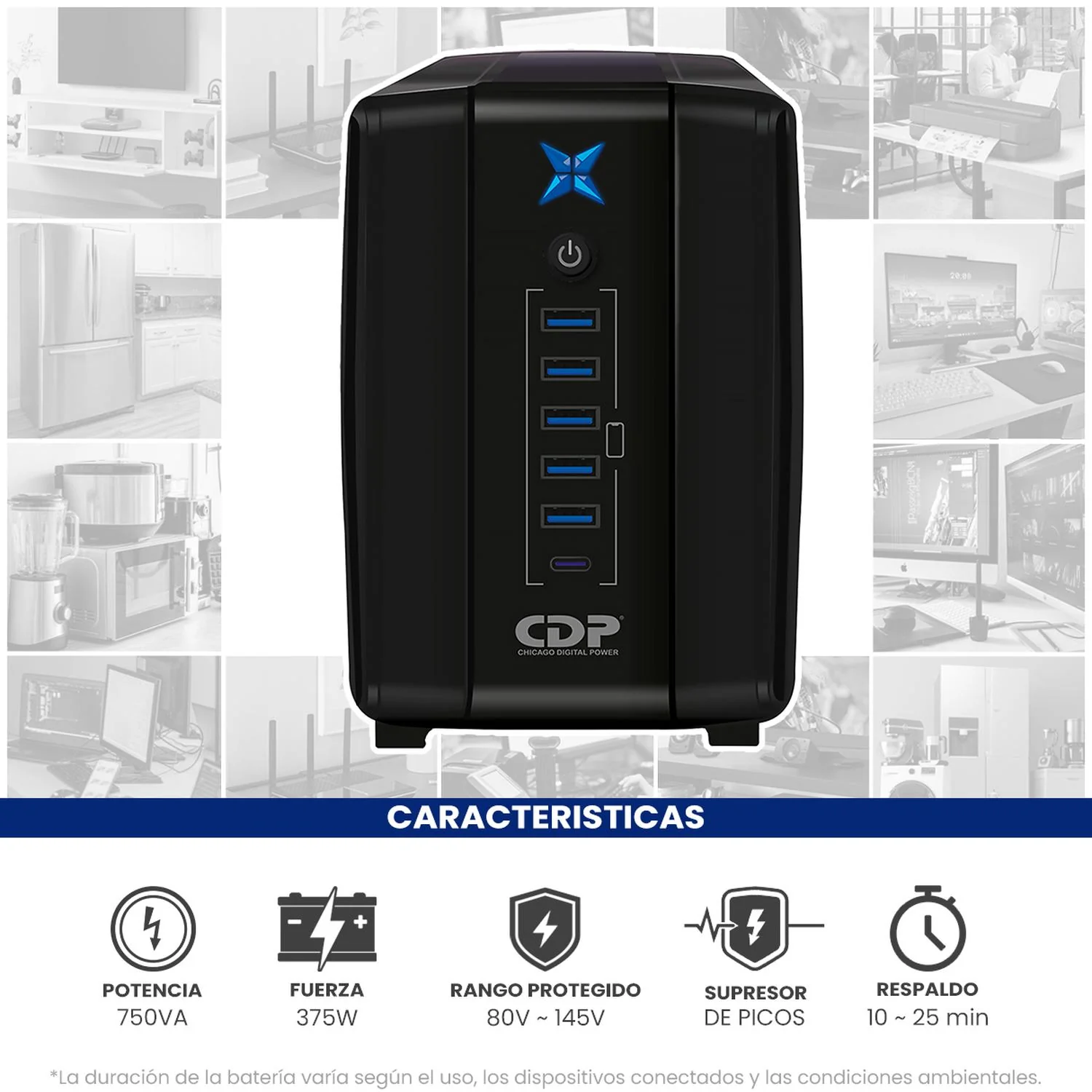 No Break CDP R-UPR758 750VA/375W Respaldo 10-25min AVR Supresor de Picos 8 Salidas 6 USB - Image 2