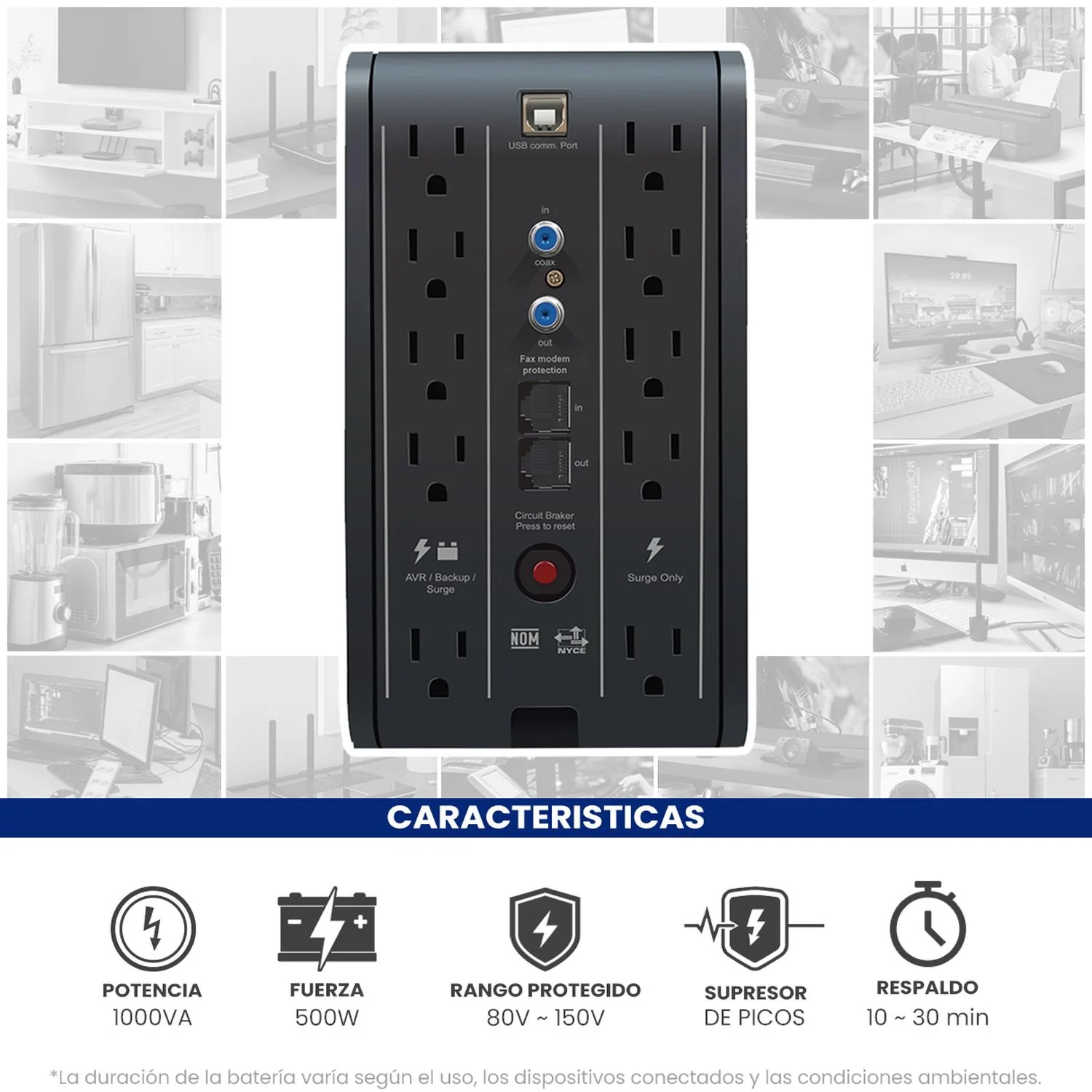 No Break Inteligente CDP R-Smart1010 UPS 1000VA/500W Respaldo 10-30min AVR Supresor de Picos 10 Salidas 6 USB RJ45 - Image 2
