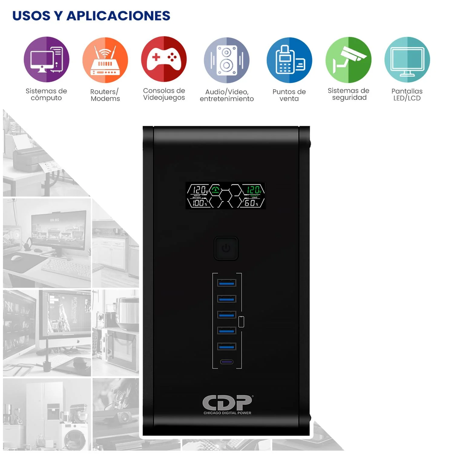 No Break Inteligente CDP R-Smart1010 UPS 1000VA/500W Respaldo 10-30min AVR Supresor de Picos 10 Salidas 6 USB RJ45 - Image 3