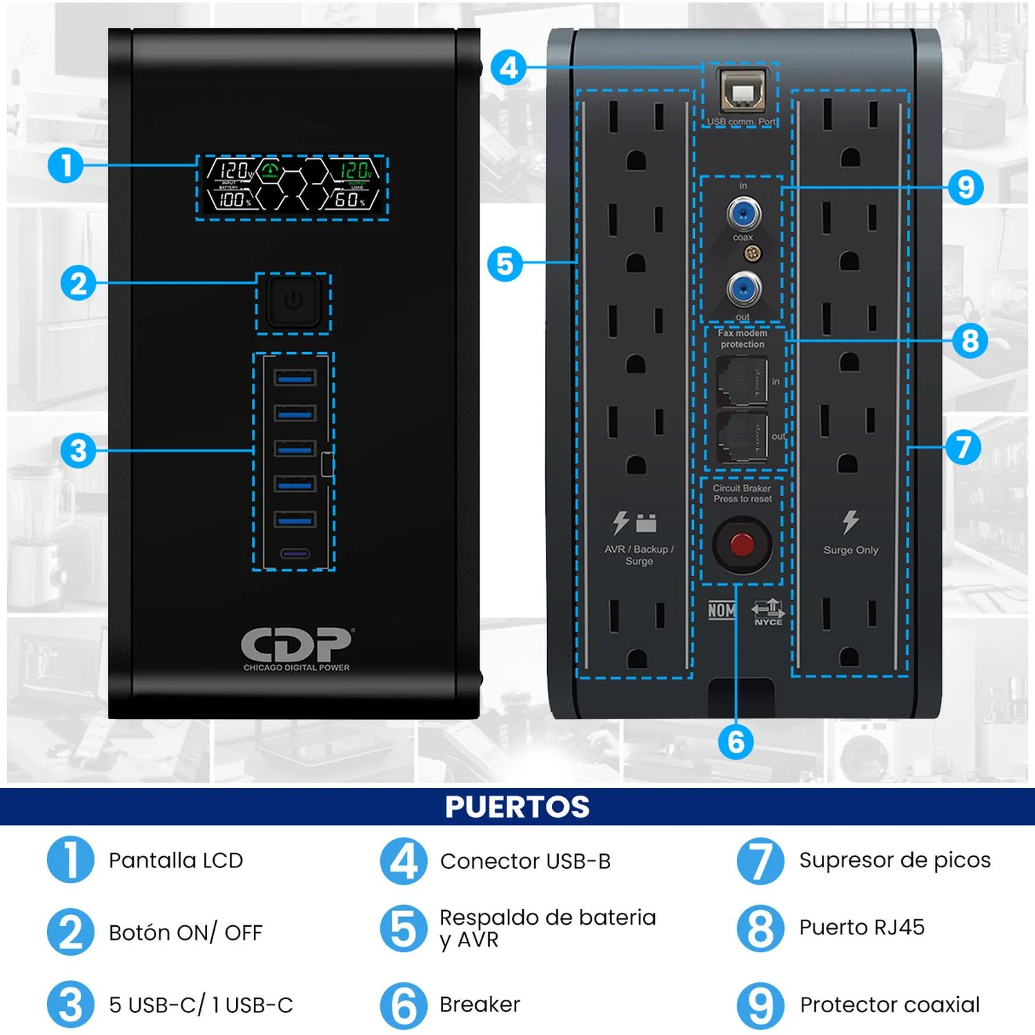No Break Inteligente CDP R-Smart1010 UPS 1000VA/500W Respaldo 10-30min AVR Supresor de Picos 10 Salidas 6 USB RJ45 - Image 4
