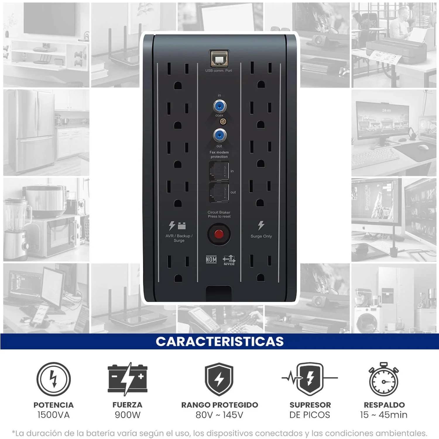 No Break Inteligente CDP R-Smart1510 UPS 1500VA/900W Respaldo 15-45min AVR Supresor de Picos 10 Salidas 6 USB RJ45 - Image 2
