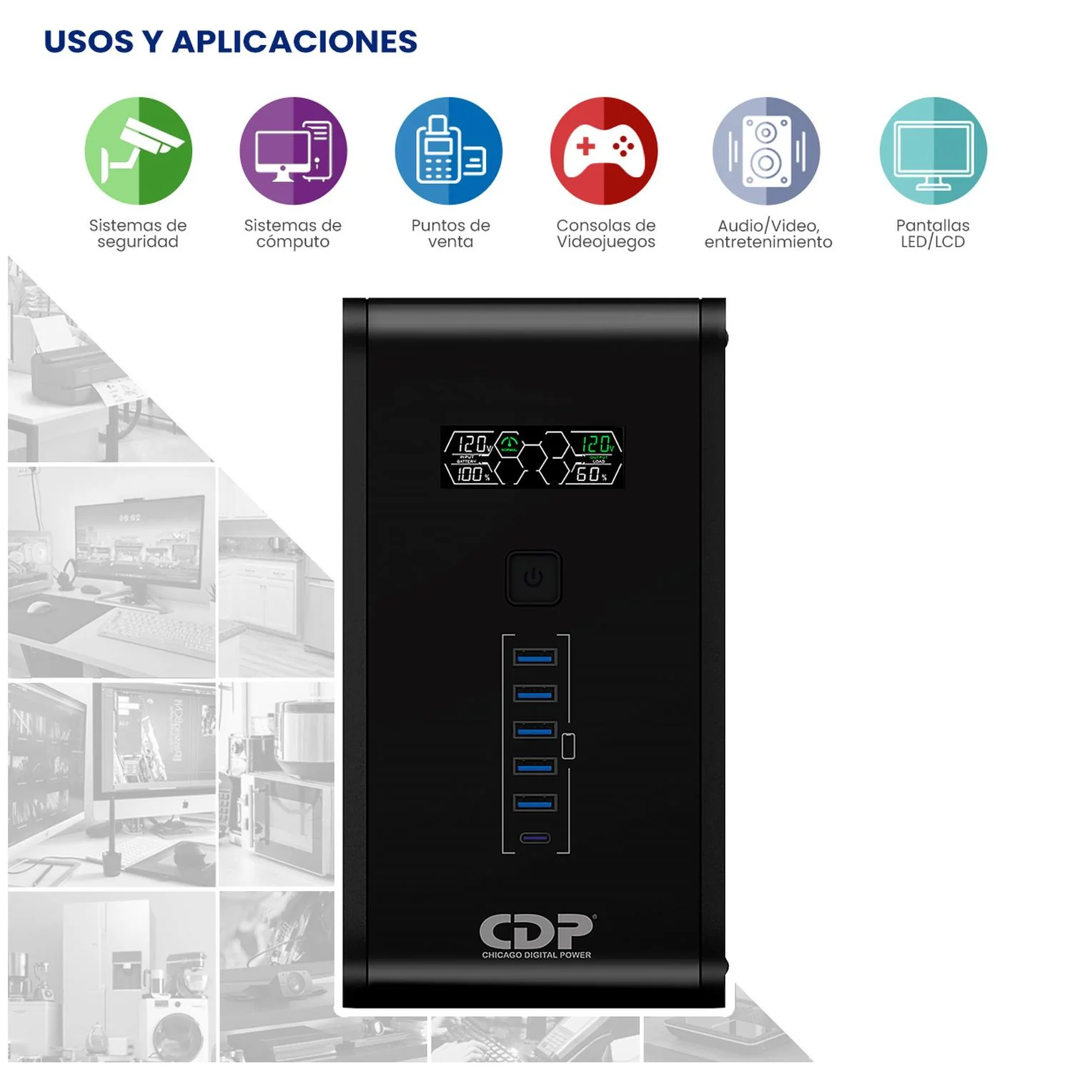No Break Inteligente CDP R-Smart1510 UPS 1500VA/900W Respaldo 15-45min AVR Supresor de Picos 10 Salidas 6 USB RJ45 - Image 3