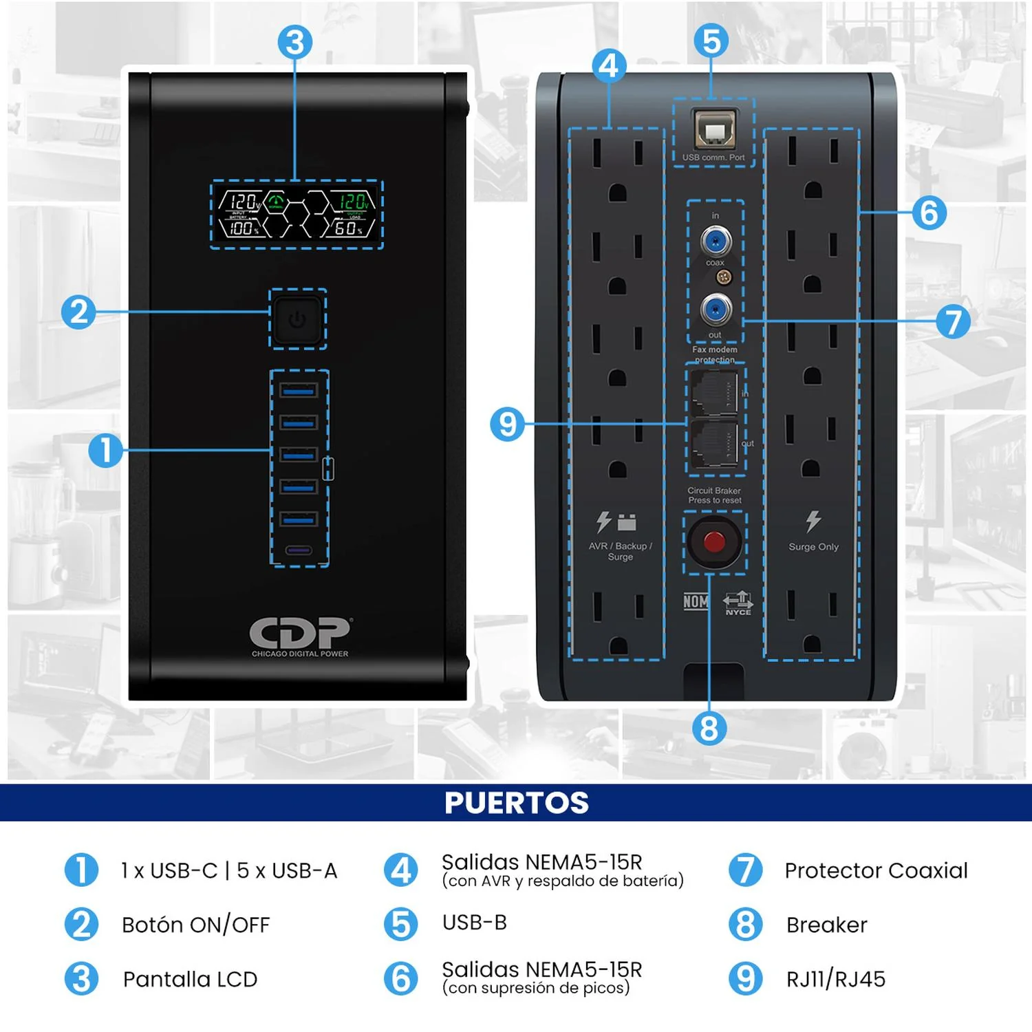 No Break Inteligente CDP R-Smart1510 UPS 1500VA/900W Respaldo 15-45min AVR Supresor de Picos 10 Salidas 6 USB RJ45 - Image 4