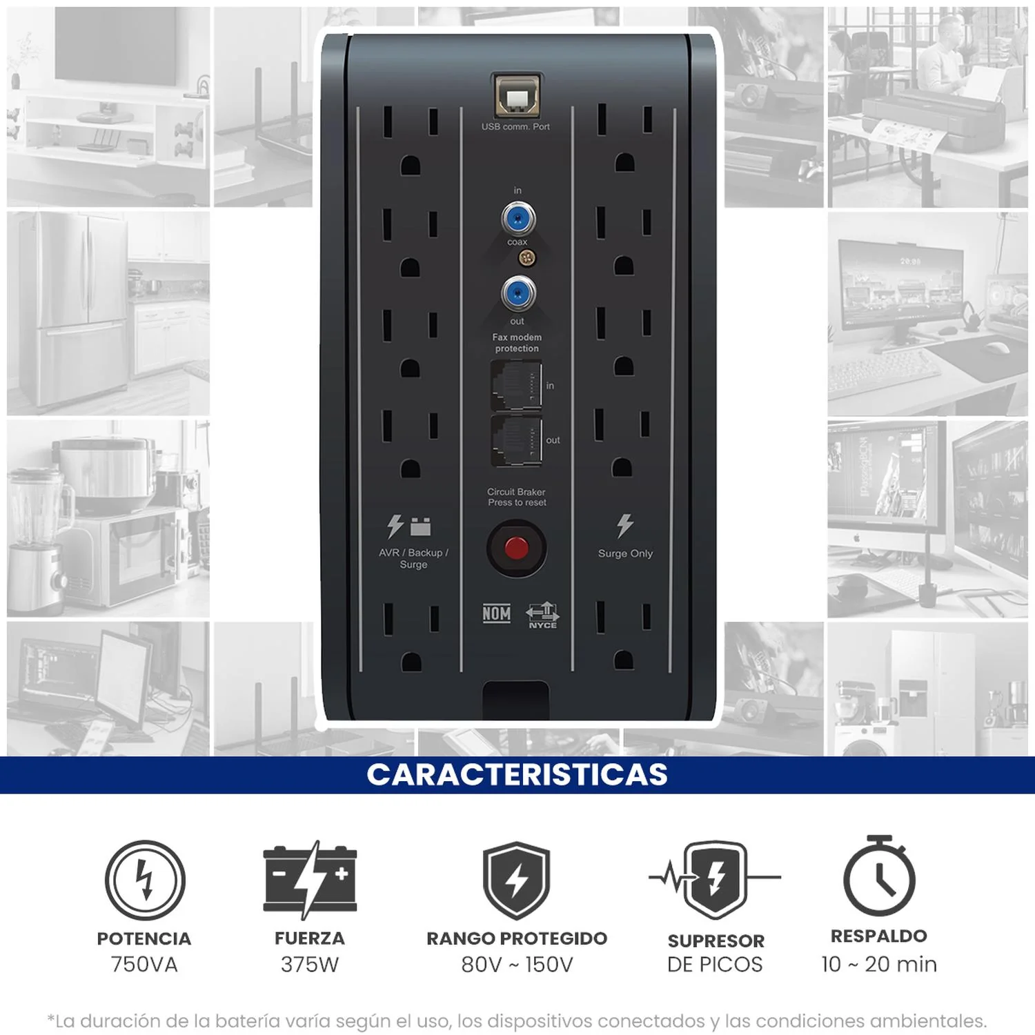No Break Inteligente CDP R-Smart751 UPS 750VA/375W Respaldo 10-20min AVR Supresor de Picos 10 Salidas 6 USB RJ45 - Image 2