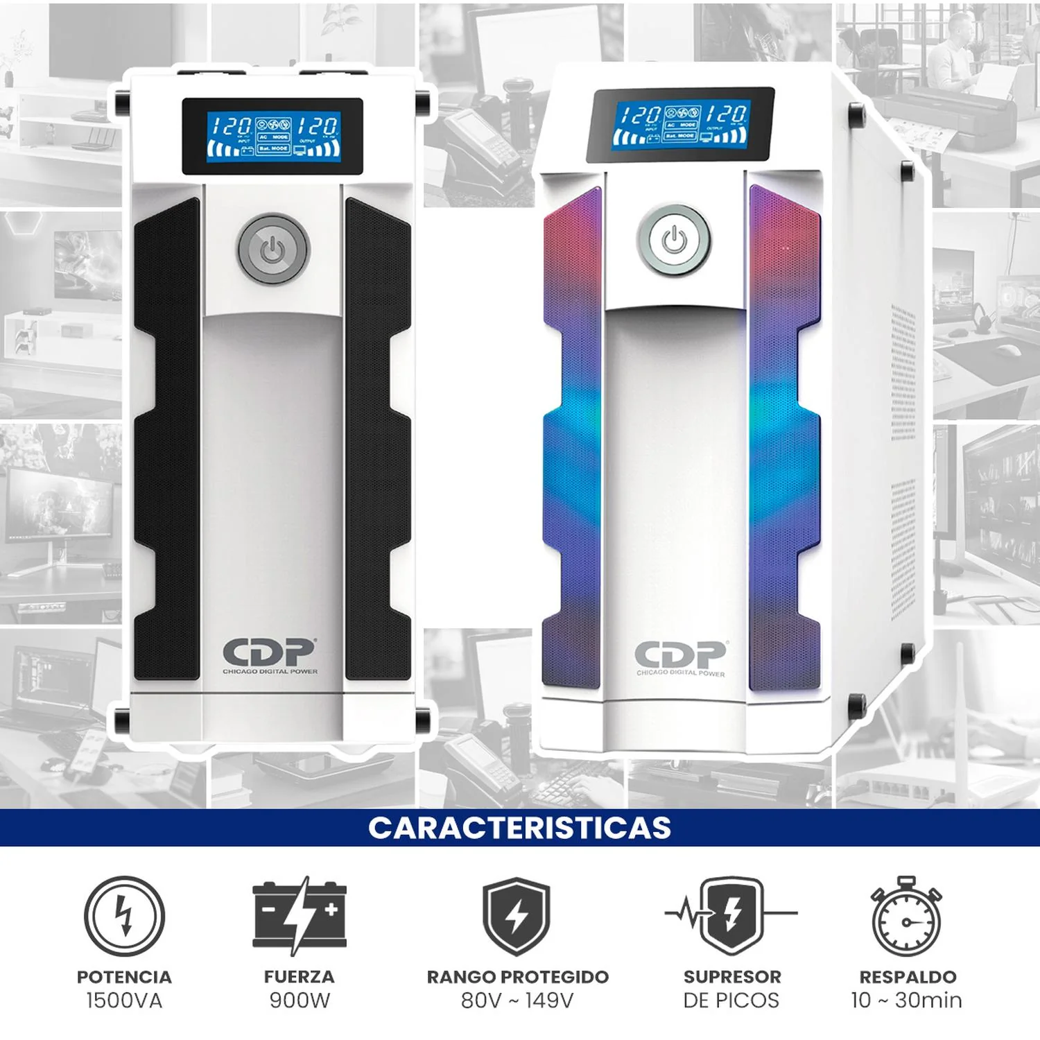 No Break Inteligente Gamer CDP GSMART1516 UPS 1500VA/900W Respaldo 10-30min AVR Supresor de Picos 16 Salidas 10 USB RJ45 - Image 2