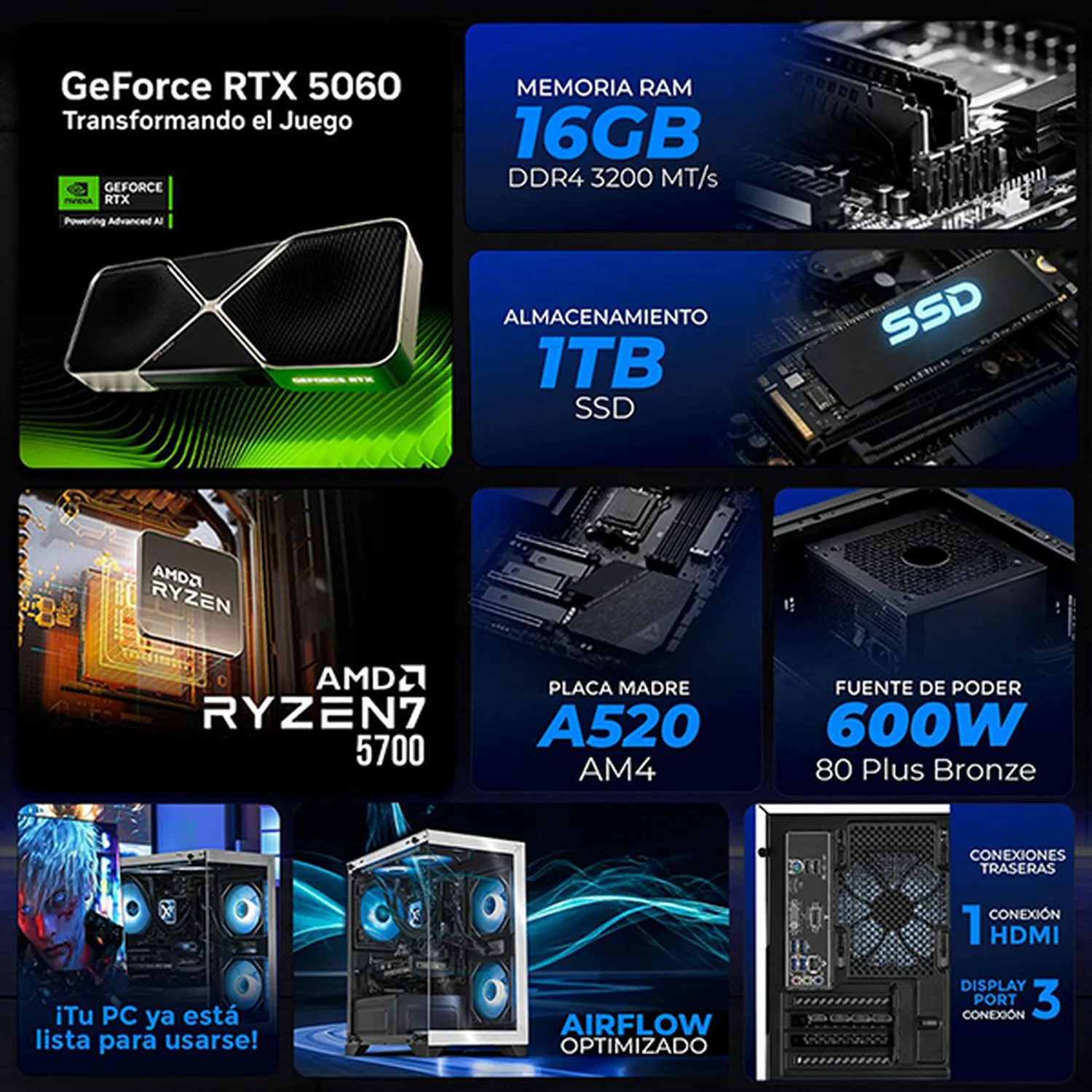 PC Gamer Completa Xtreme PC Gaming NVIDIA GeForce RTX 5060 AMD Ryzen 7 5700 16GB SSD 1TB Monitor Curvo 27 180Hz Sistema Liquido WIFI Black/White gaming 1080p, estudios y multitarea - Image 3