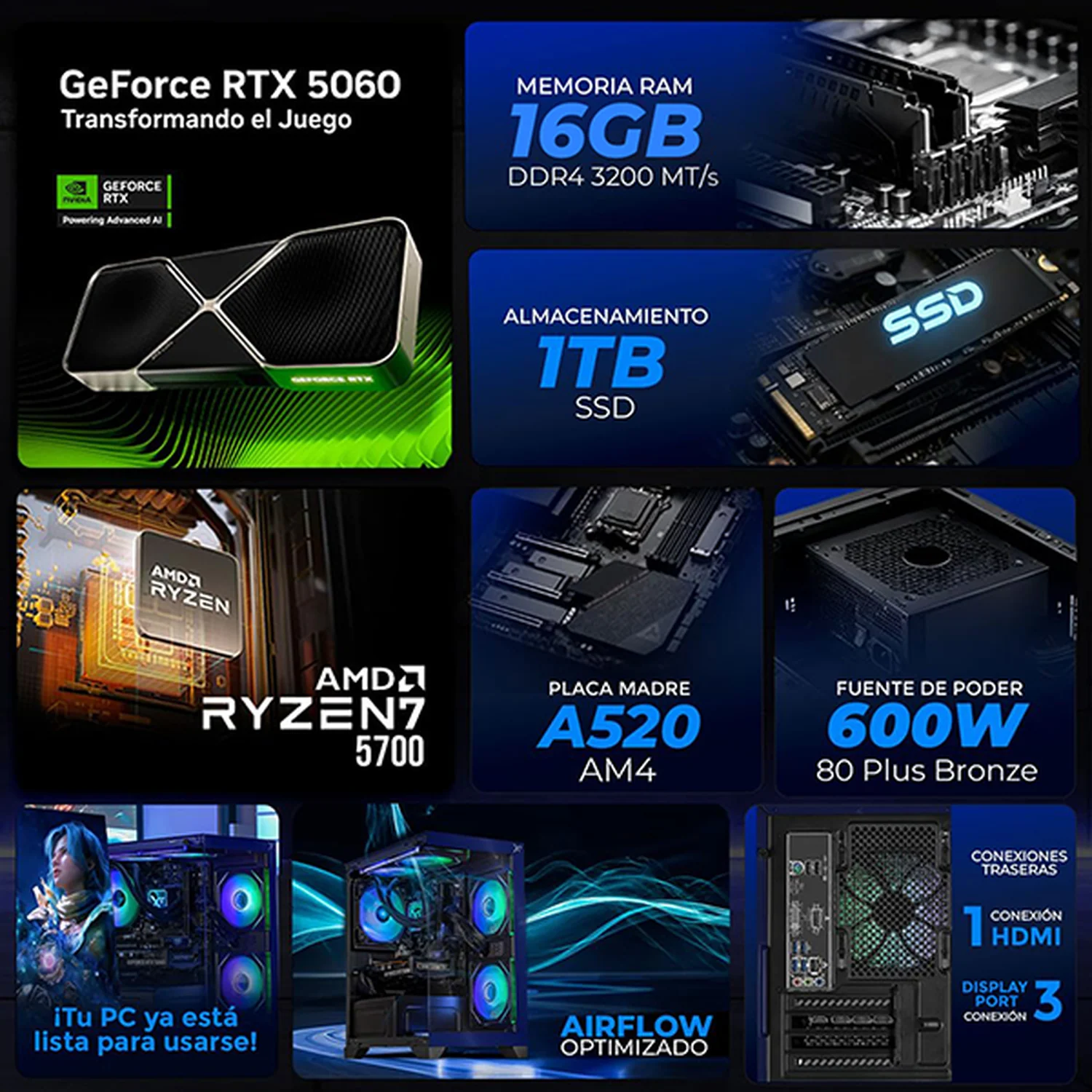 PC Gamer Completa IA Xtreme PC Gaming NVIDIA GeForce RTX 5060 AMD Ryzen 7 5700 16GB SSD 1TB Monitor Curvo 27 180Hz Sistema Liquido WIFI Blue Productividad Versátil Acelerada con IA - Image 3