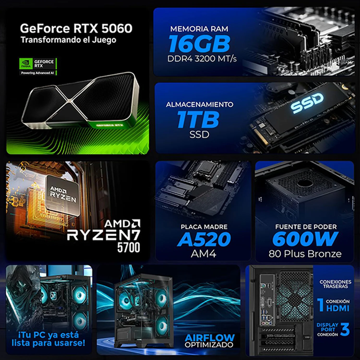 PC Gamer Completa Xtreme PC Gaming NVIDIA GeForce RTX 5060 AMD Ryzen 7 5700 16GB SSD 1TB Monitor Curvo 27 180Hz Sistema Liquido WIFI Grey gaming 1080p, estudios y multitarea - Image 3