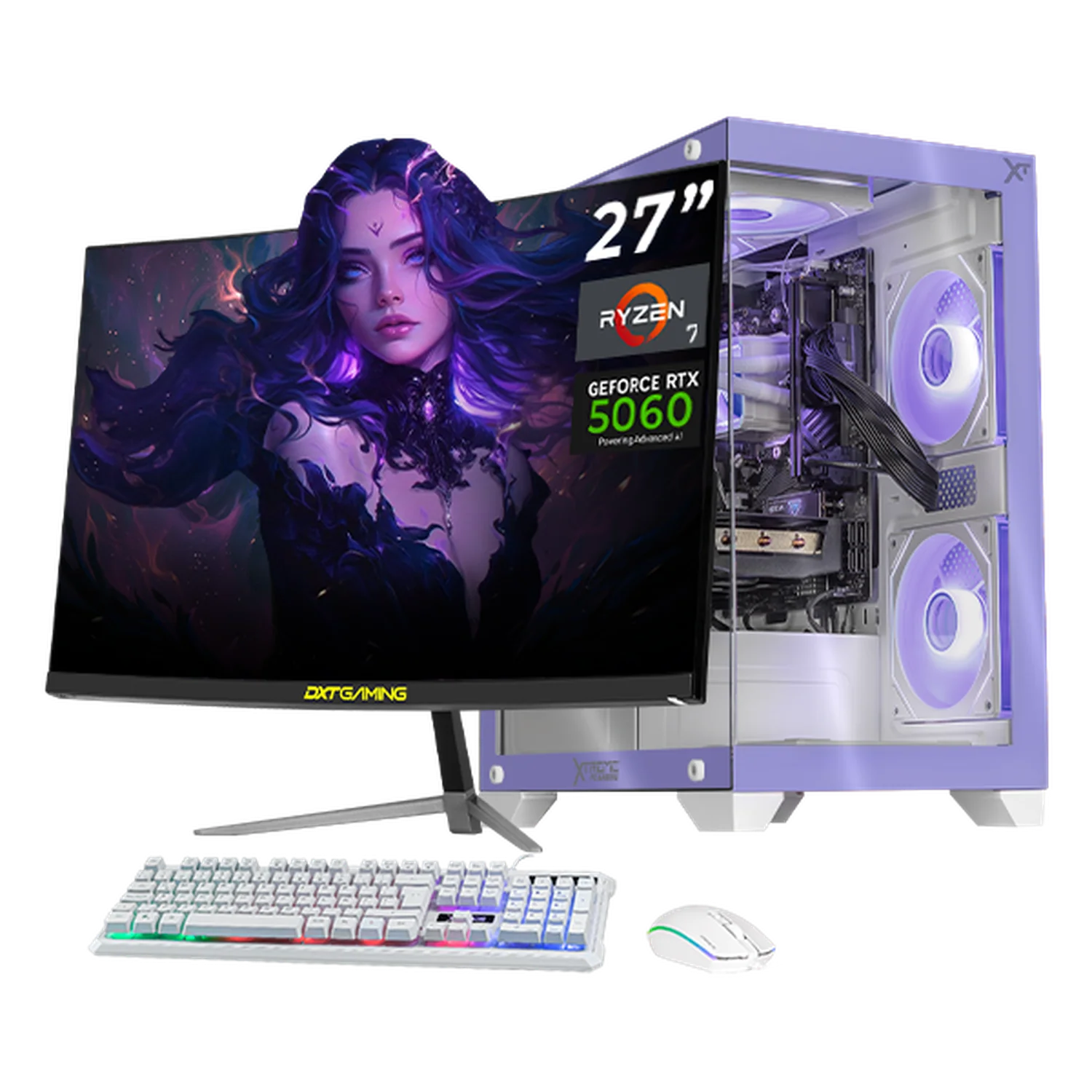 PC Gamer Completa con IA Xtreme PC Gaming NVIDIA GeForce RTX 5060 AMD Ryzen 7 5700 32GB SSD 1TB Monitor Curvo 27 180Hz Sistema Liquido WIFI Lila gaming 1080p, estudios y multitarea