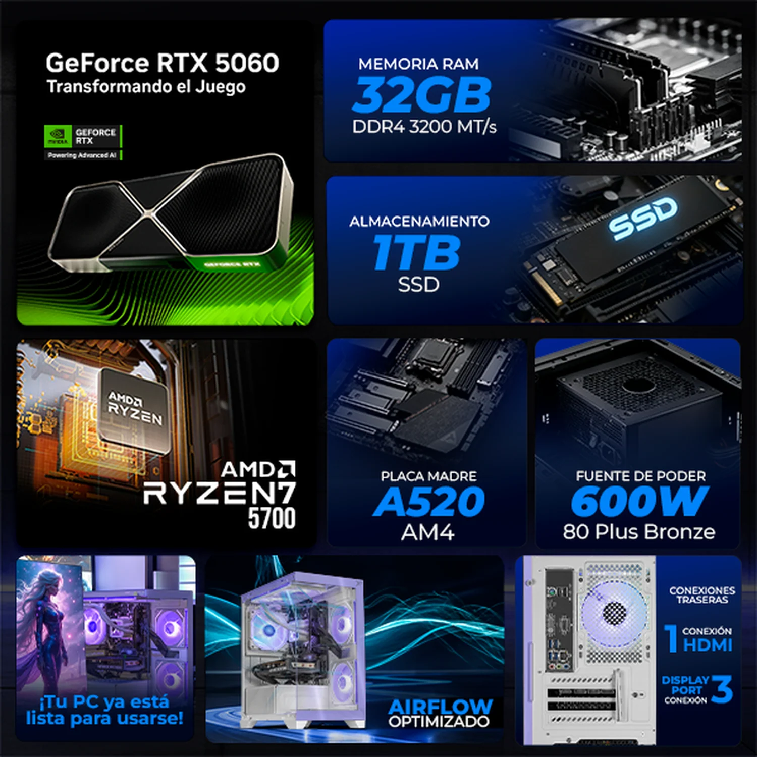 PC Gamer Completa con IA Xtreme PC Gaming NVIDIA GeForce RTX 5060 AMD Ryzen 7 5700 32GB SSD 1TB Monitor Curvo 27 180Hz Sistema Liquido WIFI Lila gaming 1080p, estudios y multitarea - Image 3