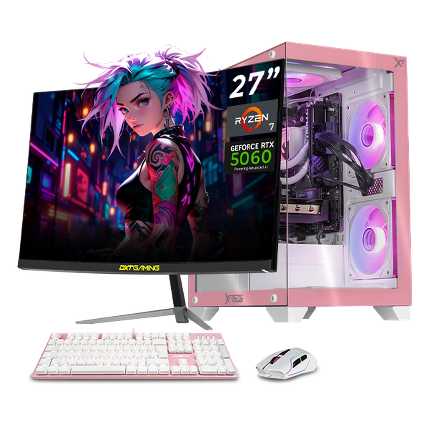 PC Gamer Completa Xtreme PC Gaming NVIDIA GeForce RTX 5060 AMD Ryzen 7 5700 16GB SSD 1TB Monitor Curvo 27 180Hz Sistema Liquido WIFI Pink gaming 1080p, estudios y multitarea