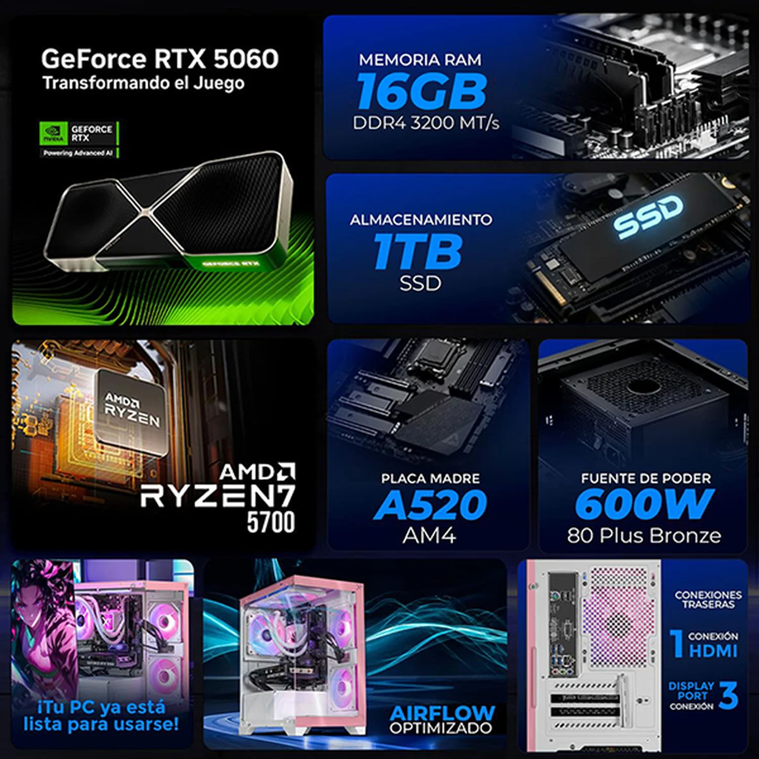 PC Gamer Completa Xtreme PC Gaming NVIDIA GeForce RTX 5060 AMD Ryzen 7 5700 16GB SSD 1TB Monitor Curvo 27 180Hz Sistema Liquido WIFI Pink gaming 1080p, estudios y multitarea - Image 3