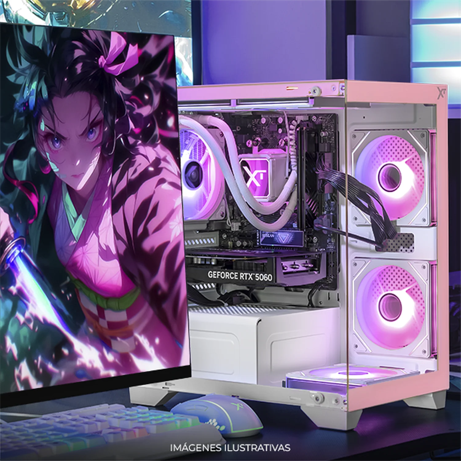 PC Gamer Completa Xtreme PC Gaming NVIDIA GeForce RTX 5060 AMD Ryzen 7 5700 16GB SSD 1TB Monitor Curvo 27 180Hz Sistema Liquido WIFI Pink gaming 1080p, estudios y multitarea - Image 6