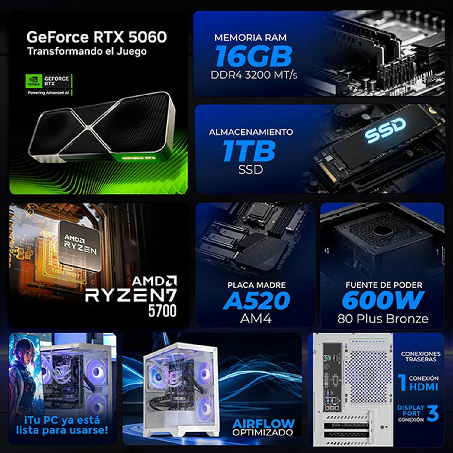 PC Gamer Completa Xtreme PC Gaming NVIDIA GeForce RTX 5060 AMD Ryzen 7 5700 16GB SSD 1TB Monitor Curvo 27 180Hz Sistema Liquido WIFI White gaming 1080p, estudios y multitarea - Image 3