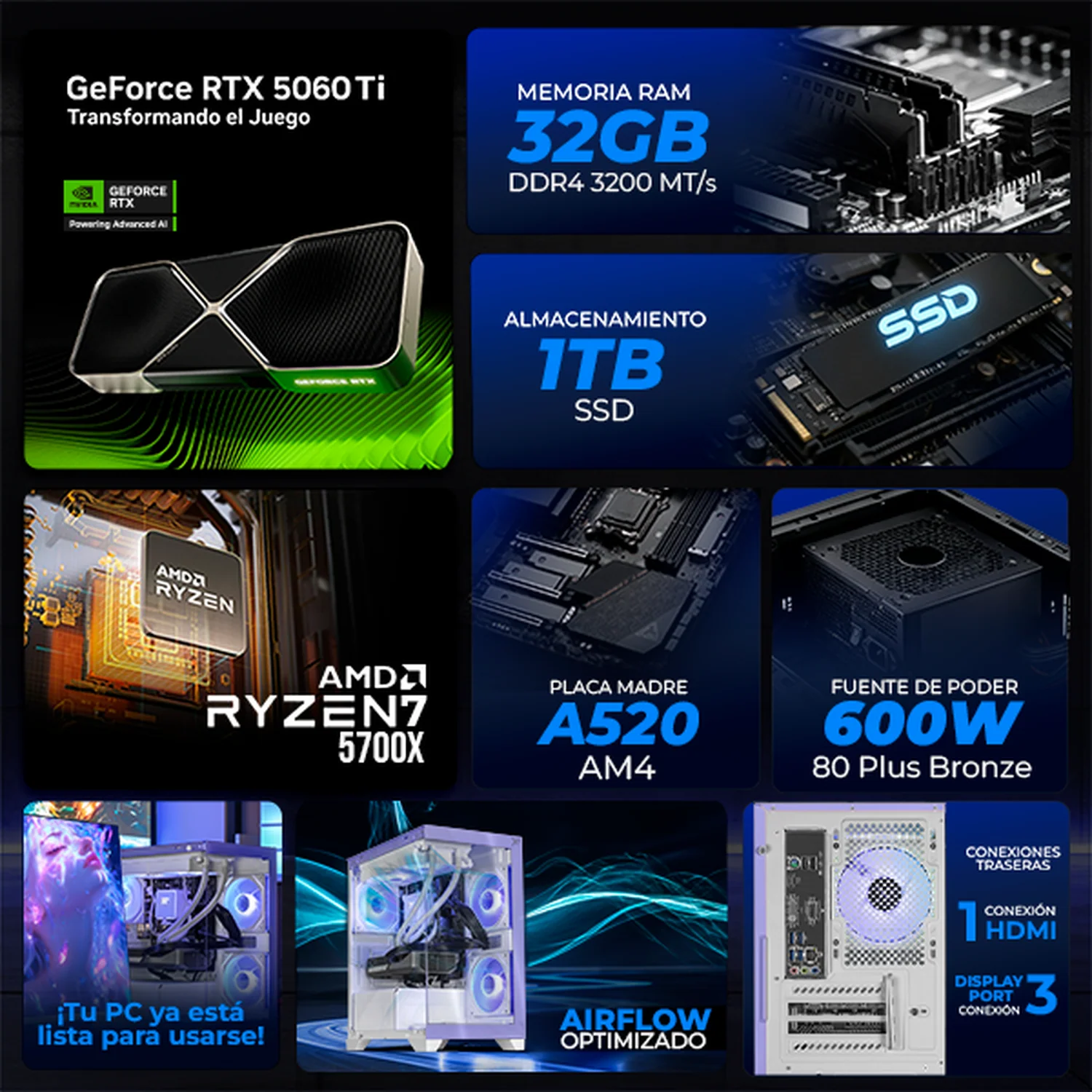 PC Gamer Completa con IA Xtreme PC Gaming NVIDIA GeForce RTX 5060 Ti AMD Ryzen 7 5700X 32GB SSD 1TB Monitor Curvo 27 180Hz Sistema Liquido WIFI Lila gaming 1080p, estudios y multitarea - Image 3
