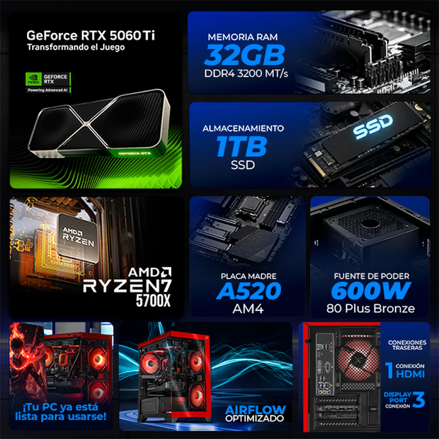 PC Gamer Completa con IA Xtreme PC Gaming NVIDIA GeForce RTX 5060 Ti AMD Ryzen 7 5700X 32GB SSD 1TB Monitor Curvo 27 180Hz Sistema Liquido WIFI Red gaming 1080p, estudios y multitarea - Image 3