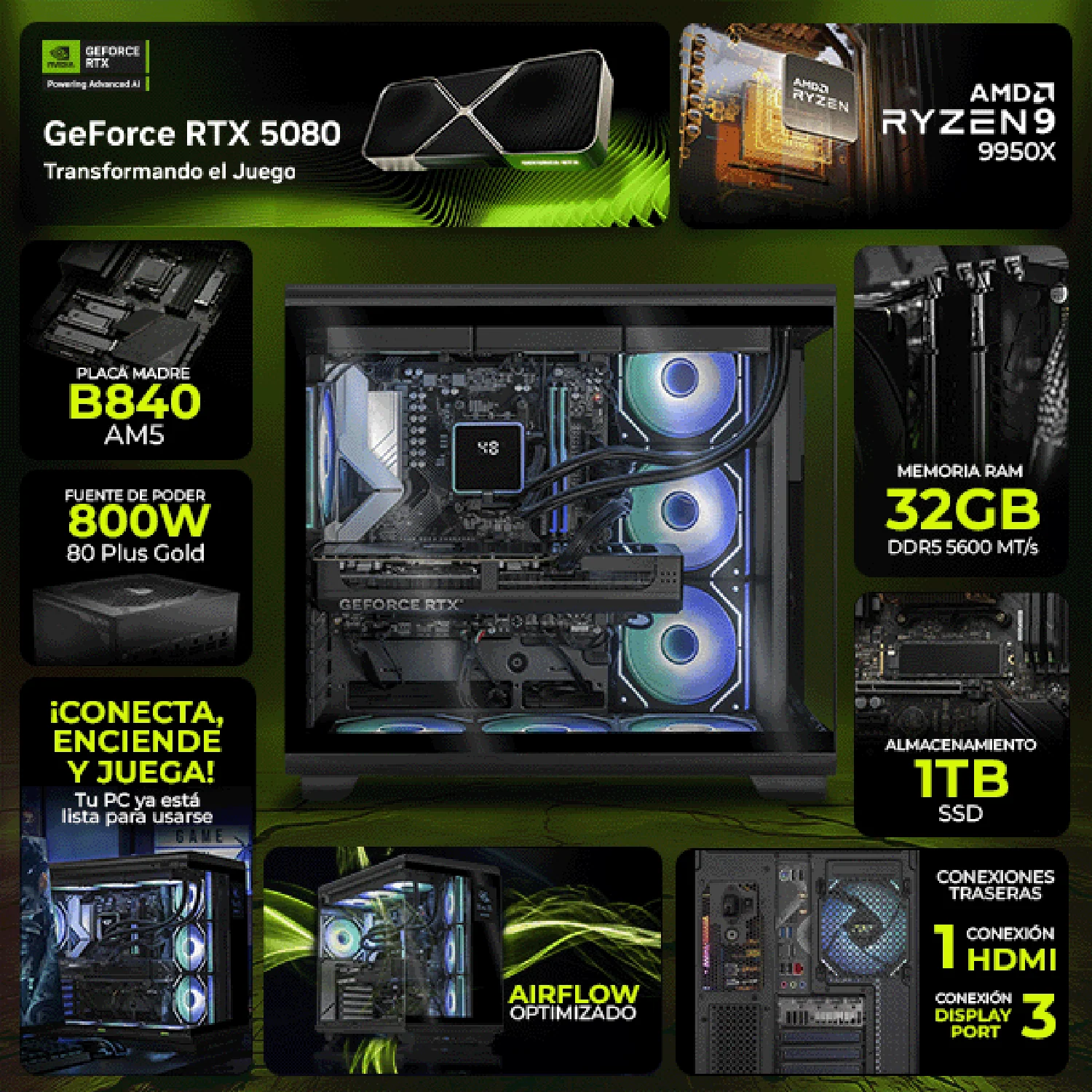 PC Gamer Completa IA DXT GAMING NVIDIA GeForce RTX 5080 AMD Ryzen 9 9950X 32GB DDR5 SSD 1TB Monitor Curvo 34 180Hz Sistema Liquido WIFI BT Black Productividad Profesional impulsada por IA Avanzada - Image 3