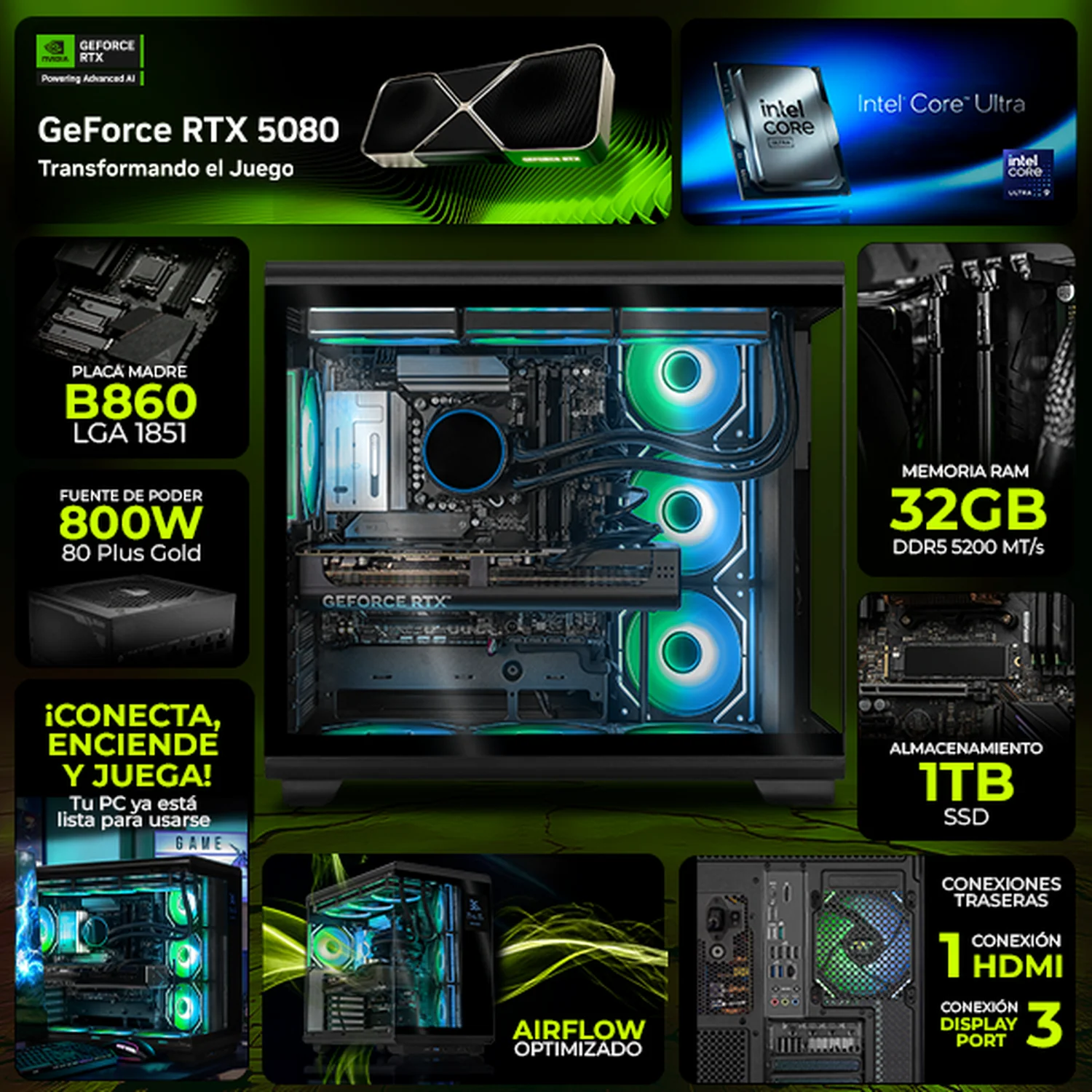 PC Gamer Completa IA DXT GAMING NVIDIA GeForce RTX 5080 Intel Core Ultra 9 285K 32GB DDR5 SSD 1TB Monitor Curvo 34 180Hz Sistema Liquido WIFI Black Productividad Profesional impulsada por IA Avanzada - Image 3