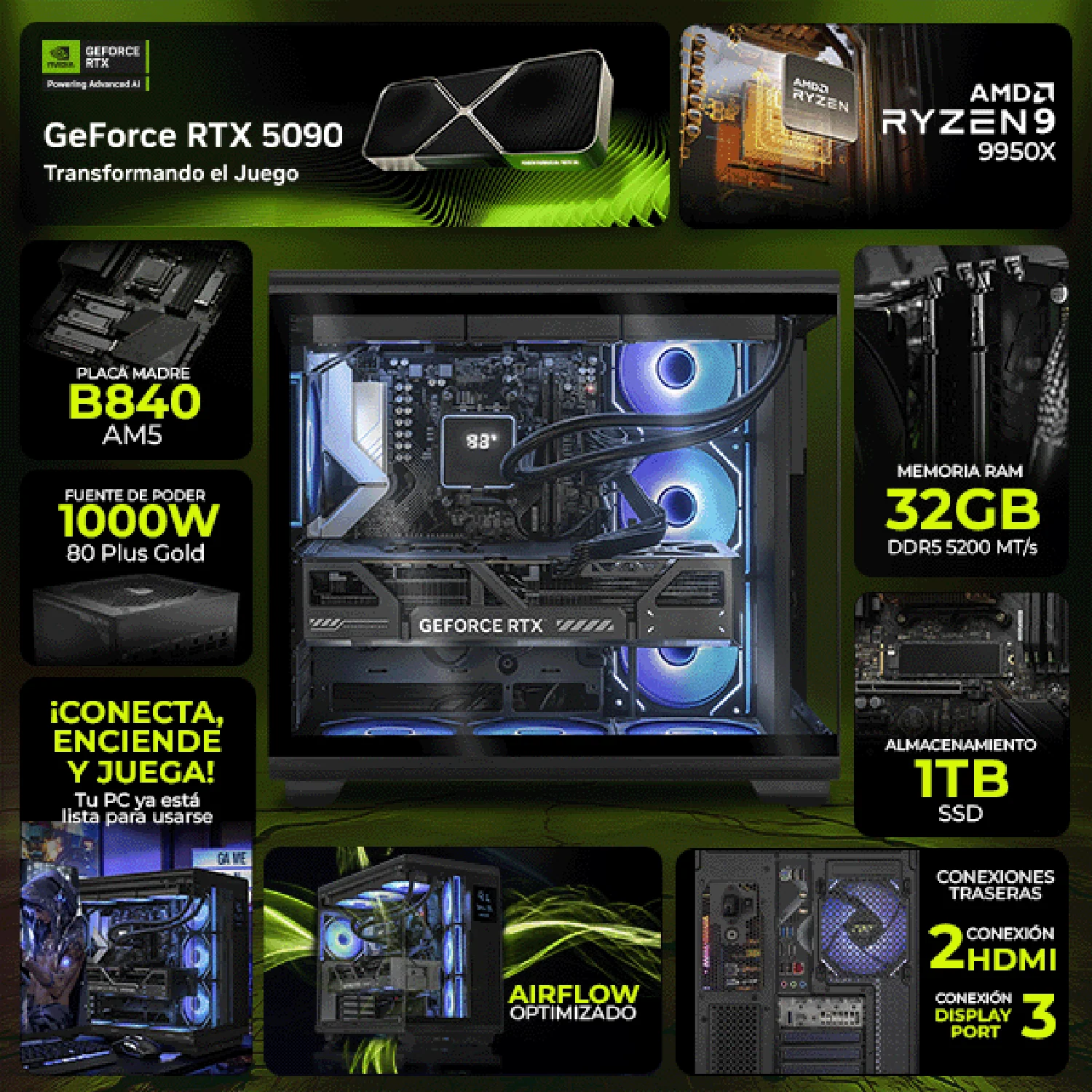 PC Gamer Completa AI PRO DXT GAMING NVIDIA GeForce RTX 5090 AMD Ryzen 9 9950X 32GB DDR5 SSD 1TB Monitor Curvo 34 180Hz Sistema Liquido WIFI BT Black Productividad Profesional impulsada por IA Avanzada - Image 3