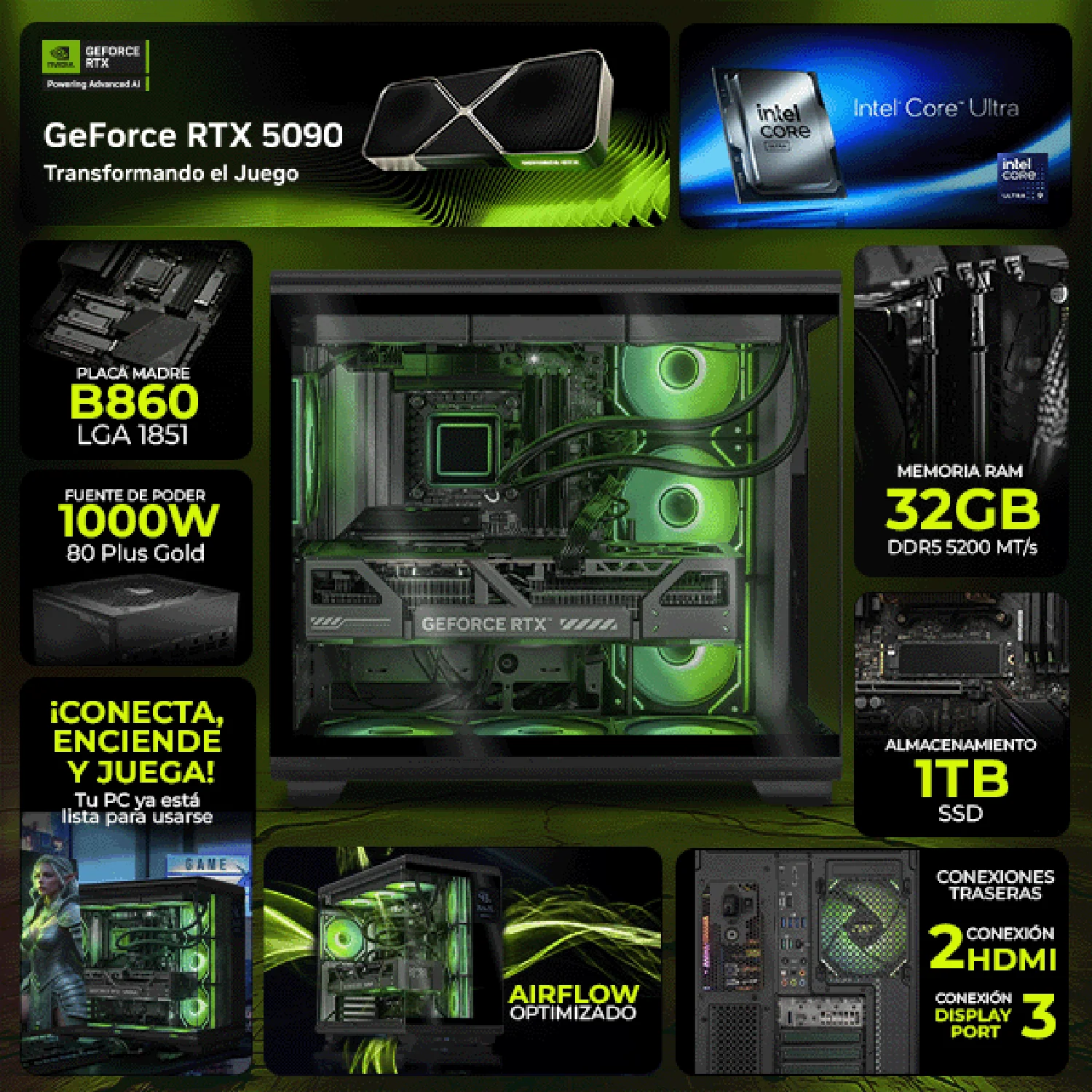 PC Gamer Completa IA DXT GAMING NVIDIA GeForce RTX 5090 Intel Core Ultra 9 285K 32GB DDR5 SSD 1TB Monitor Curvo 34 180Hz Sistema Liquido WIFI Silver Productividad Profesional impulsada por IA Avanzada - Image 3