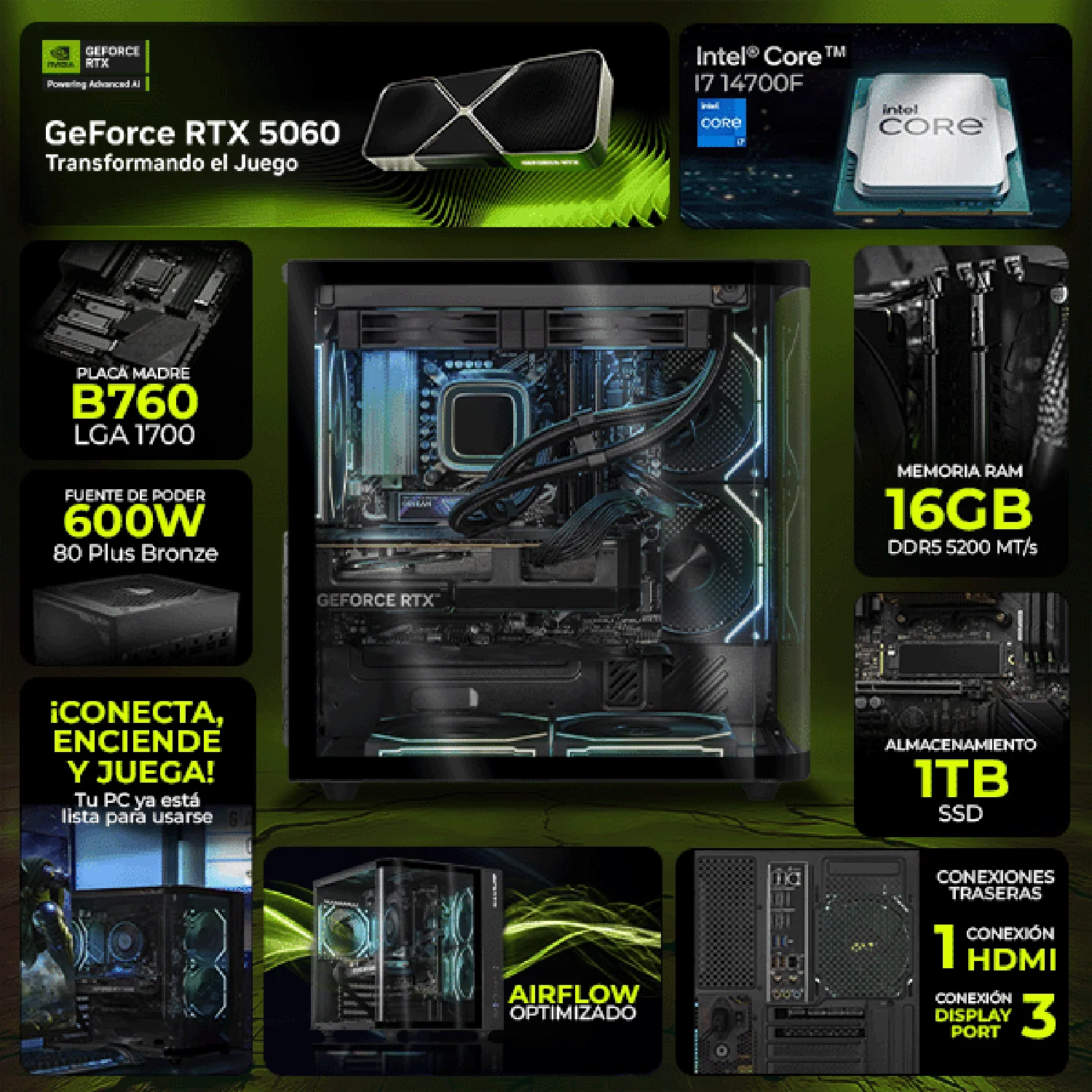 PC Gamer Completa IA DXT GAMING NVIDIA GeForce RTX 5060 Intel Core i7 14700F 16GB DDR5 SSD 1TB Monitor Curvo 27 180Hz WIFI BT Black Productividad Versátil Acelerada con IA - Image 3