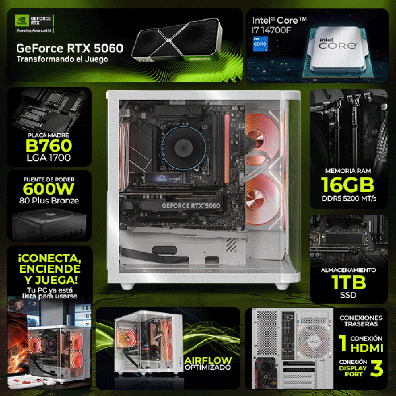 PC Gamer Completa IA DXT GAMING NVIDIA GeForce RTX 5060 Intel Core i7 14700F 16GB DDR5 SSD 1TB Monitor Curvo 27 180Hz WIFI BT White Productividad Versátil Acelerada con IA - Image 3