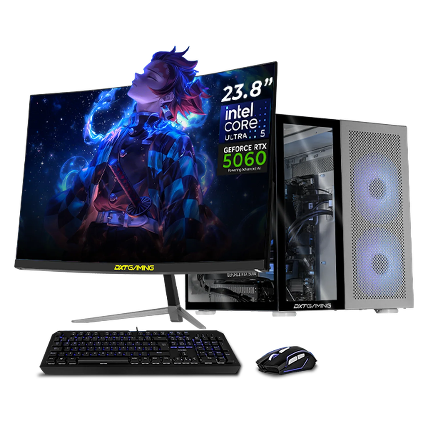 PC Gamer Completa IA DXT GAMING NVIDIA GeForce RTX 5060 Intel Core Ultra 5 225F 16GB DDR5 SSD 1TB Monitor Curvo 23.8 180Hz WIFI Silver Productividad Versátil Acelerada con IA