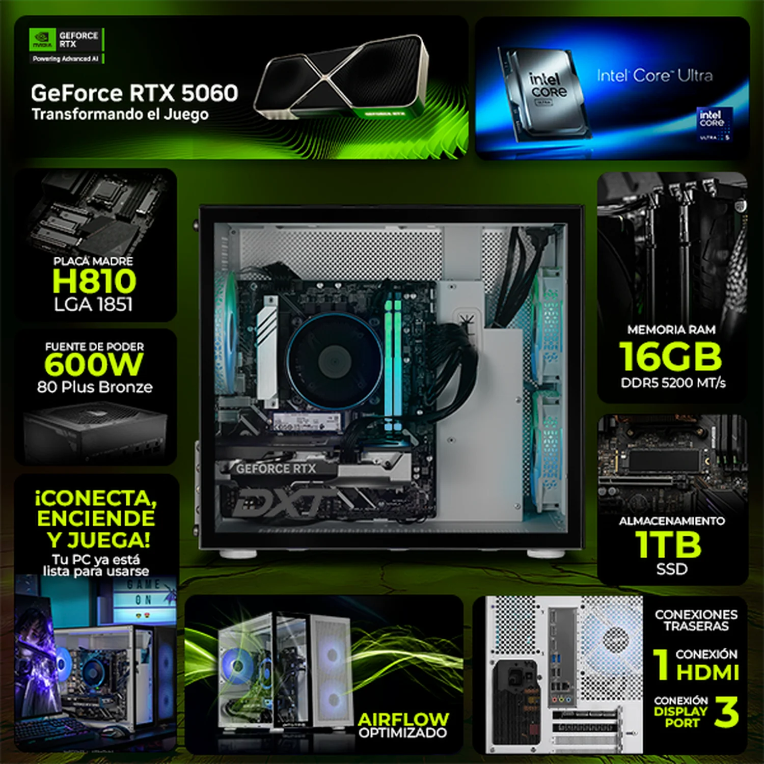 PC Gamer Completa IA DXT GAMING NVIDIA GeForce RTX 5060 Intel Core Ultra 5 225F 16GB DDR5 SSD 1TB Monitor Curvo 23.8 180Hz WIFI Silver Productividad Versátil Acelerada con IA - Image 3