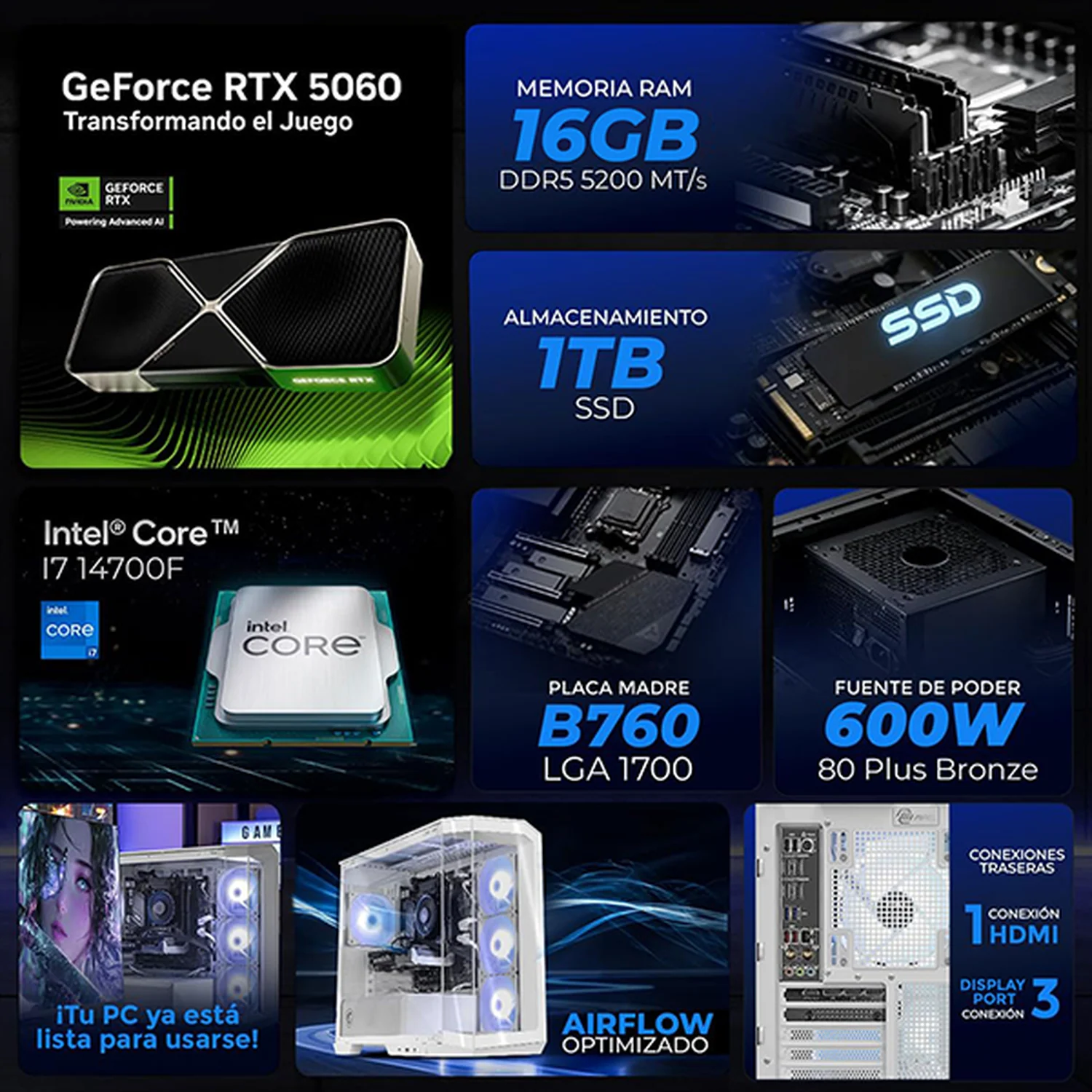 PC Gamer Completa Xtreme PC Gaming MSI NVIDIA GeForce RTX 5060 Intel Core i7 14700F 16GB DDR5 SSD 1TB Monitor Curvo 27 180Hz WIFI White gaming 1080p, estudios y multitarea - Image 3