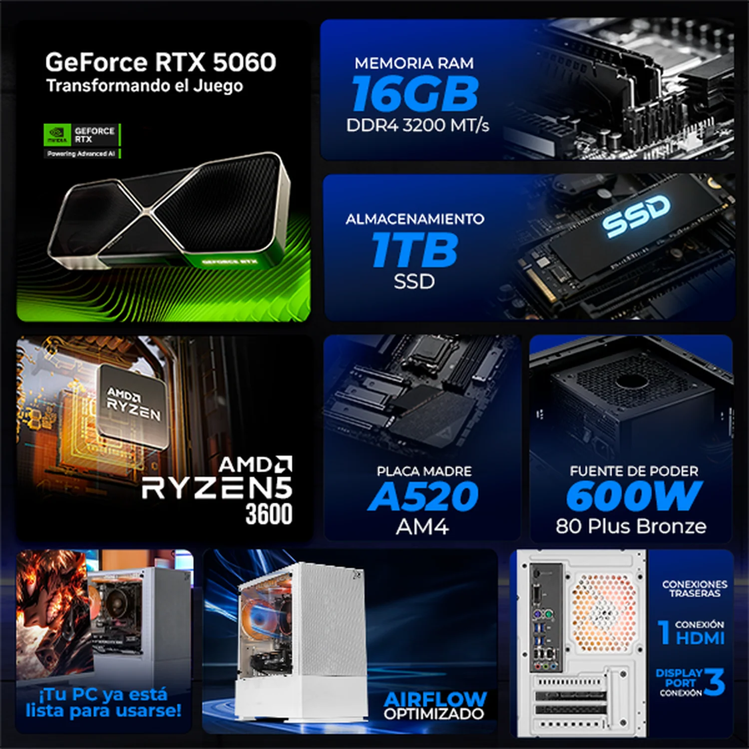 PC Gamer Completa IA Xtreme PC Gaming NVIDIA GeForce RTX 5060 AMD Ryzen 5 3600 16GB SSD 1TB Monitor Curvo 23.8 180Hz WIFI Productividad Versátil Acelerada con IA White - Image 3