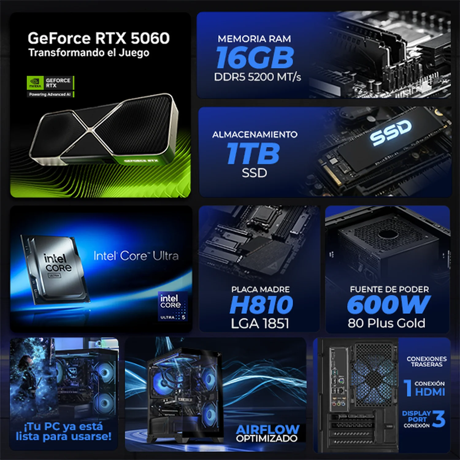 PC Gamer Completa IA Xtreme PC Gaming NVIDIA GeForce RTX 5060 Intel Core Ultra 5 250K Plus 16GB DDR5 SSD 1TB Monitor Curvo 27 180Hz WIFI Black Productividad Versátil Acelerada con IA - Image 3