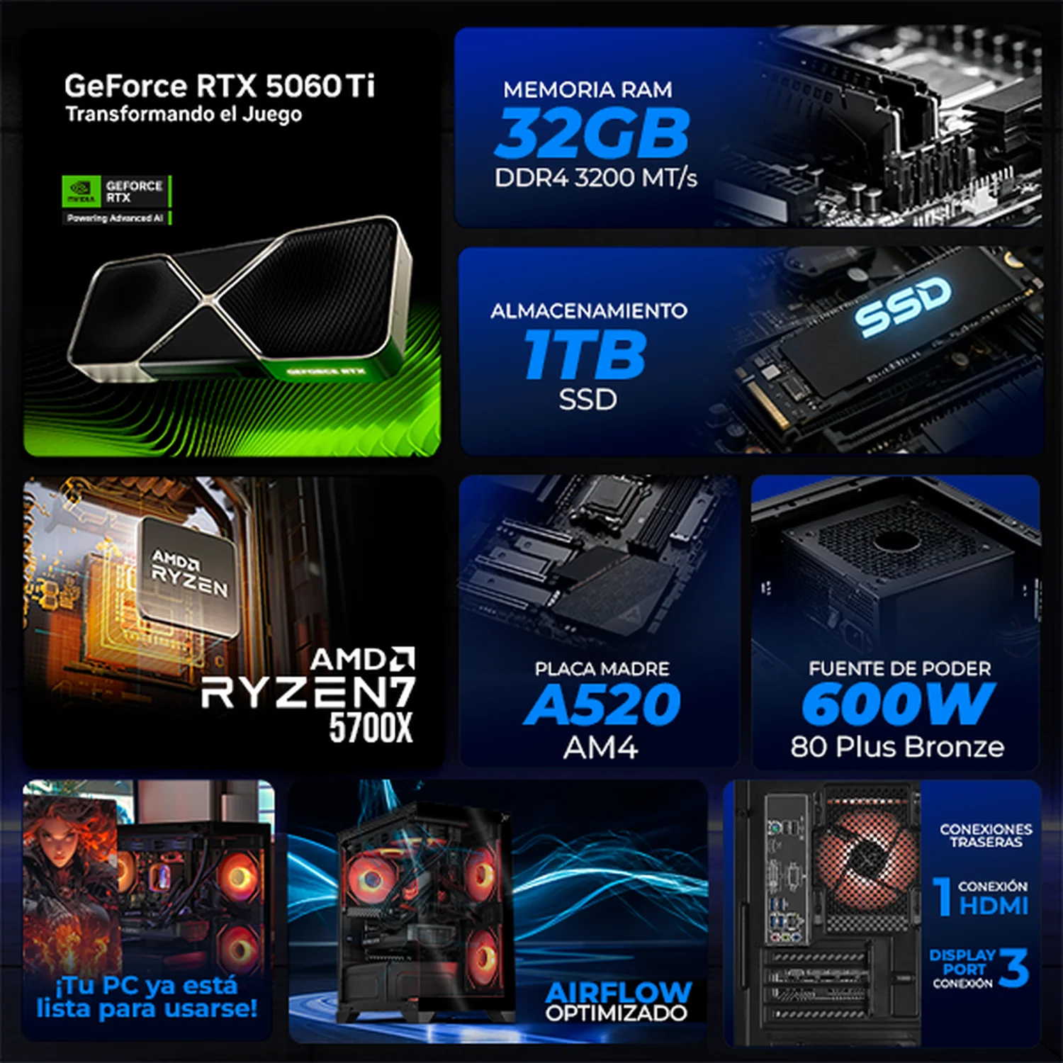 PC Gamer Completa IA Xtreme PC Gaming NVIDIA GeForce RTX 5060 TI AMD Ryzen 7 5700X 32GB SSD 1TB Monitor Curvo 27 180Hz Sistema Liquido WIFI Black Productividad Versátil Acelerada con IA - Image 3