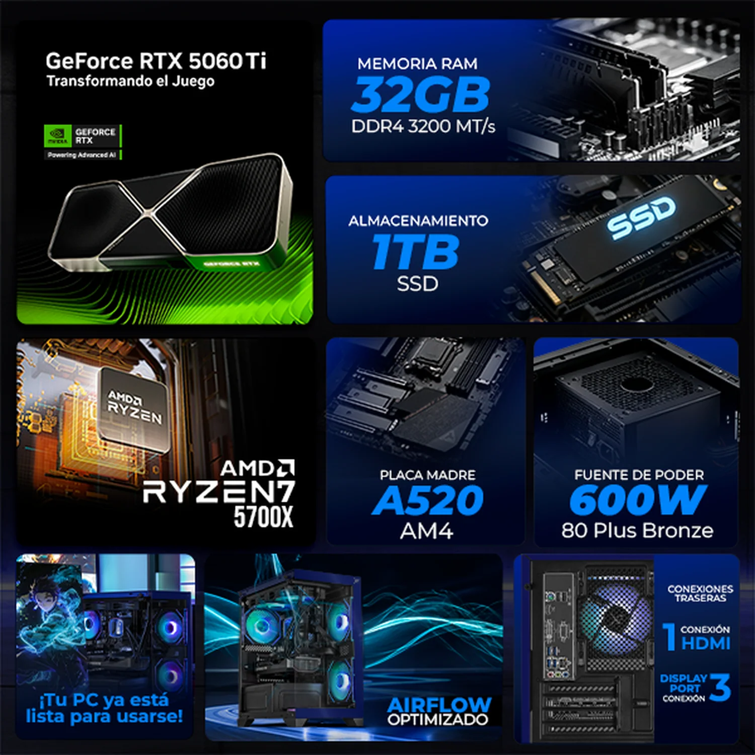 PC Gamer Completa IA Xtreme PC Gaming NVIDIA GeForce RTX 5060 TI AMD Ryzen 7 5700X 32GB SSD 1TB Monitor Curvo 27 180Hz Sistema Liquido WIFI Blue Productividad Versátil Acelerada con IA - Image 3